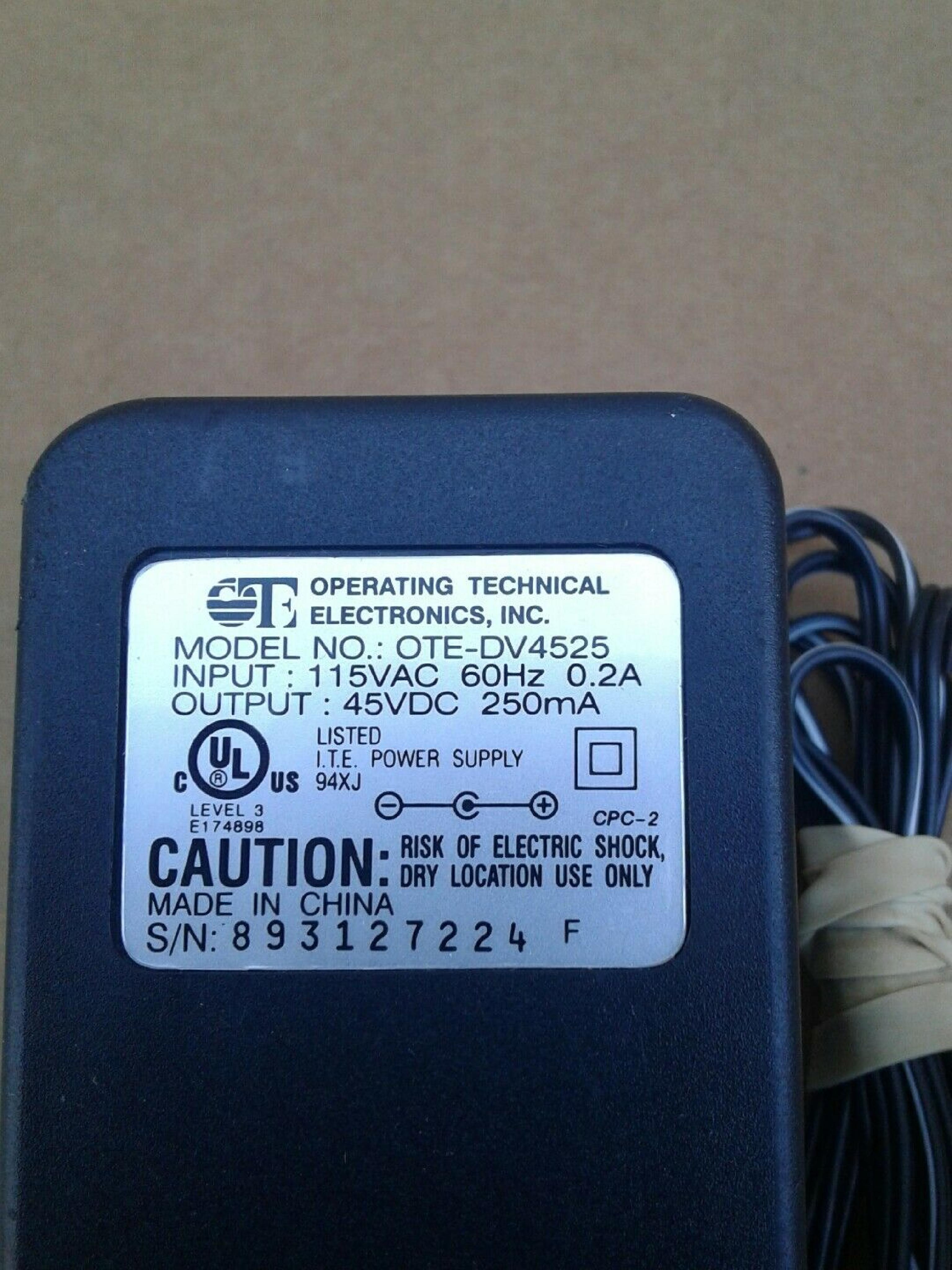 OPERATING TECHNICAL ELECTRONICS OTE-DV4525 AC ADAPTER 45VDC 250MA