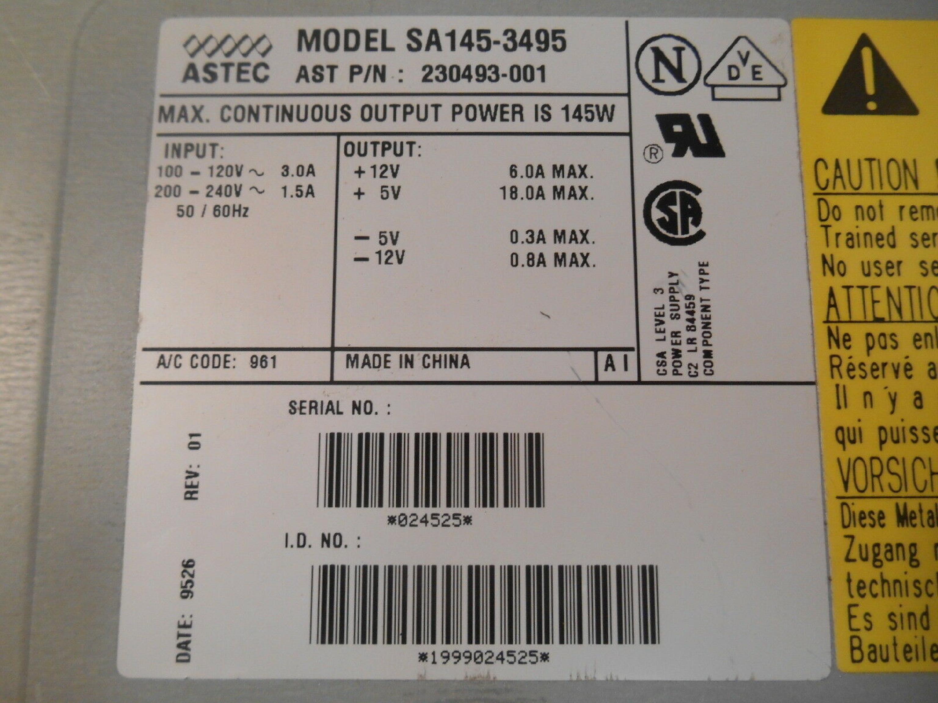 ASTEC / DELTA ELECTRONICS / AST RESEARCH INC 230493-001 POWER SUPPLY AT STYLE DELTA 145 WATT 145W 200W