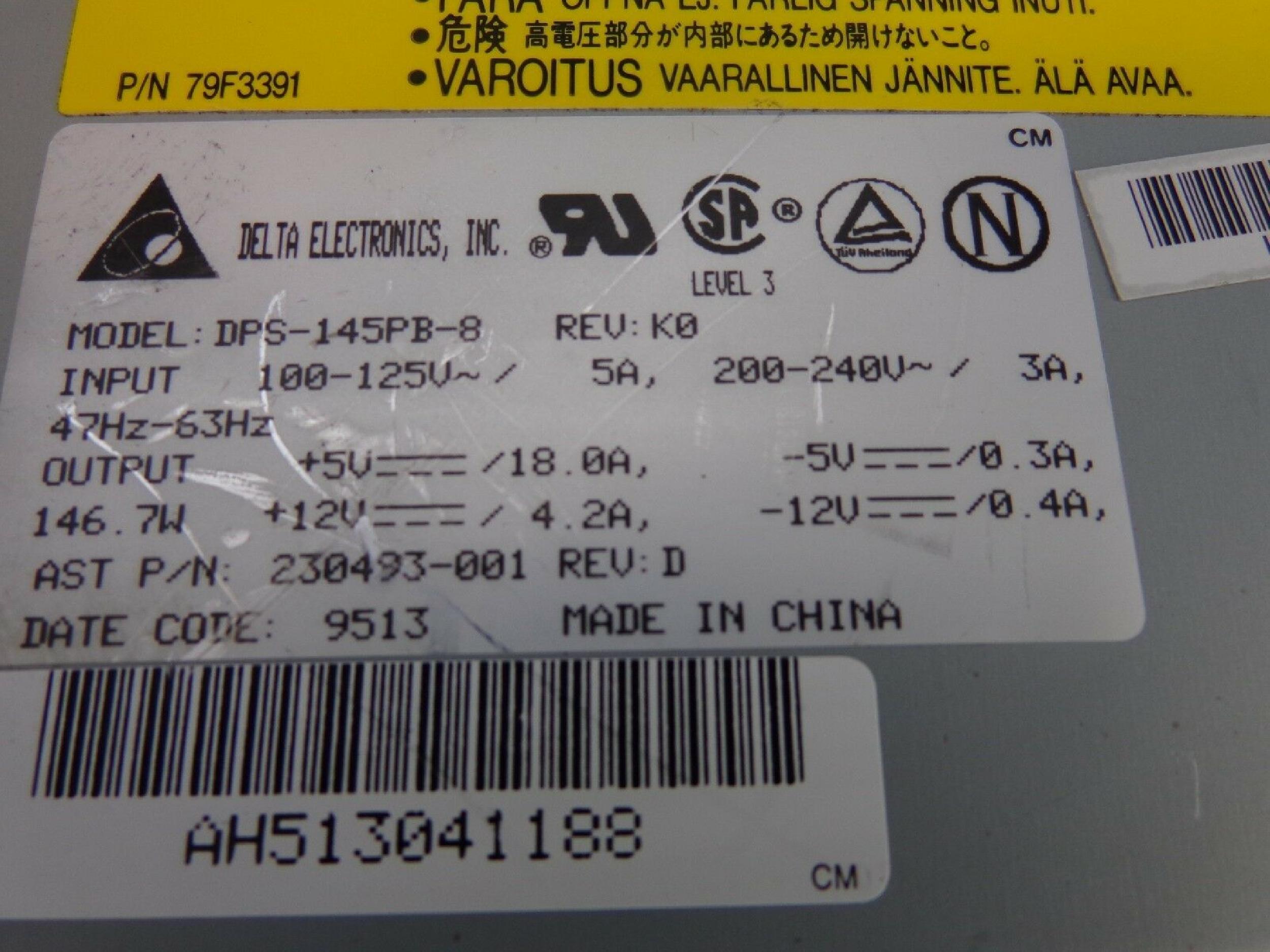 DELTA ELECTRONICS INC DPS-145PB-8 DELTA 145 WATT POWER SUPPLY AT STYLE 200W