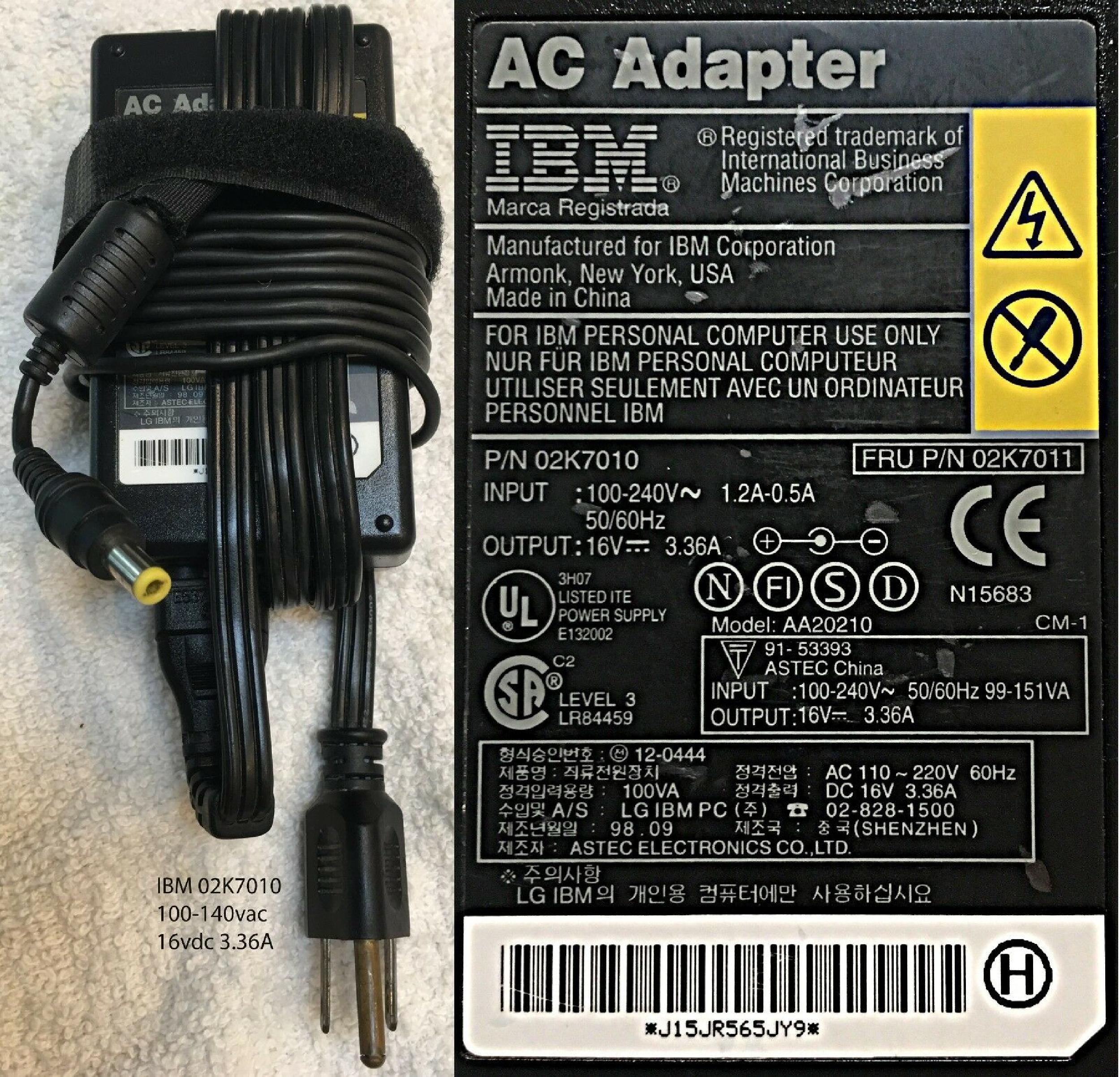 IBM 02K7006 THINKPAD AC ADAPTER WITH POWER CORD 16V DC 3.36A BARREL CONNECTOR