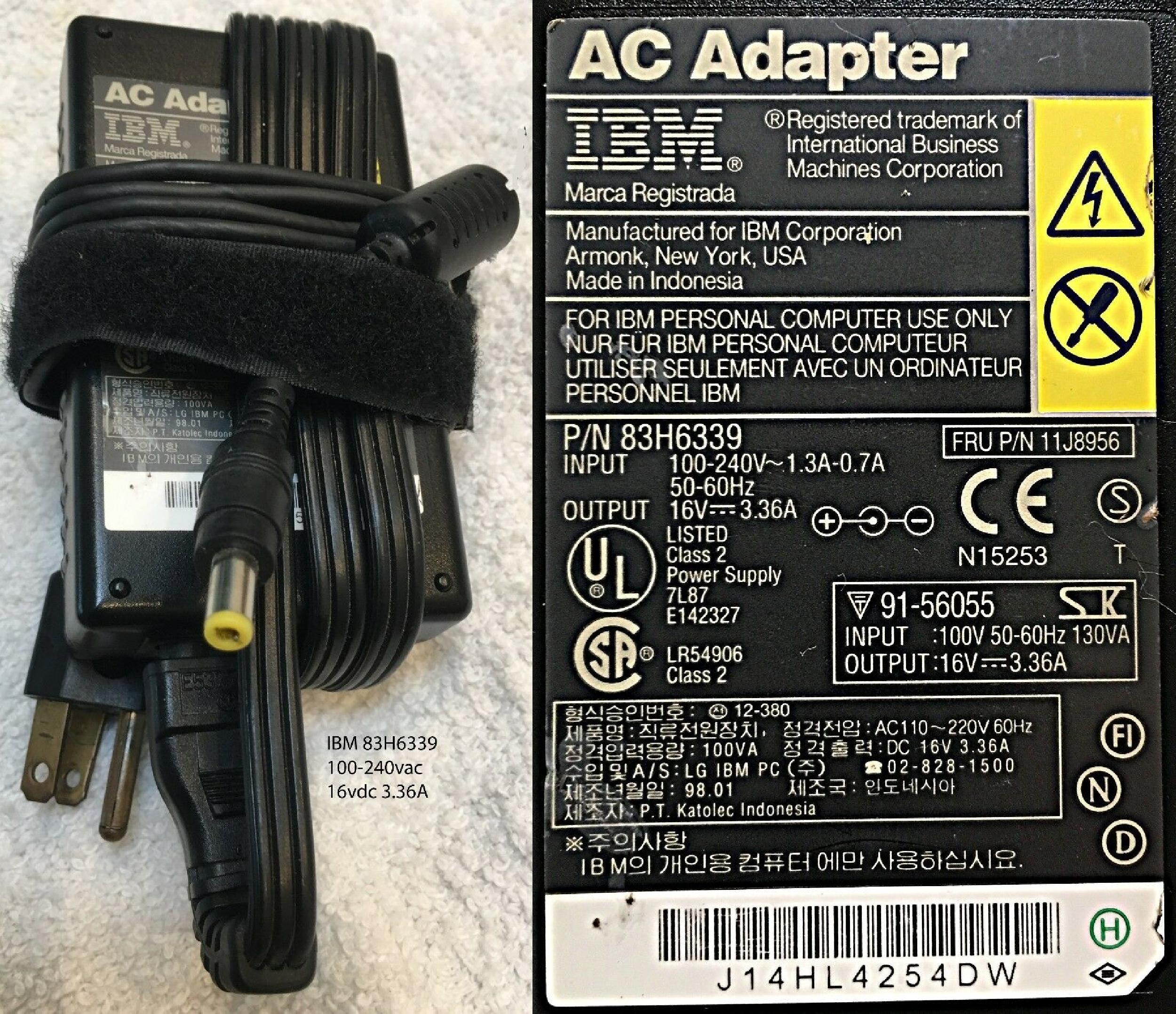 IBM 02K7006 THINKPAD AC ADAPTER WITH POWER CORD 16V DC 3.36A BARREL CONNECTOR