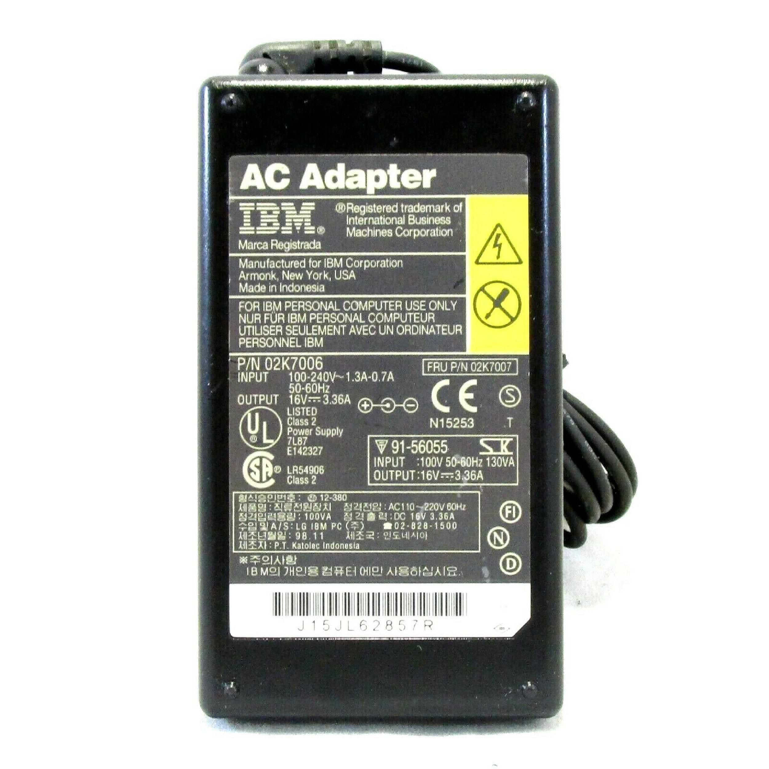 IBM 02K7006 THINKPAD AC ADAPTER WITH POWER CORD 16V DC 3.36A BARREL CONNECTOR