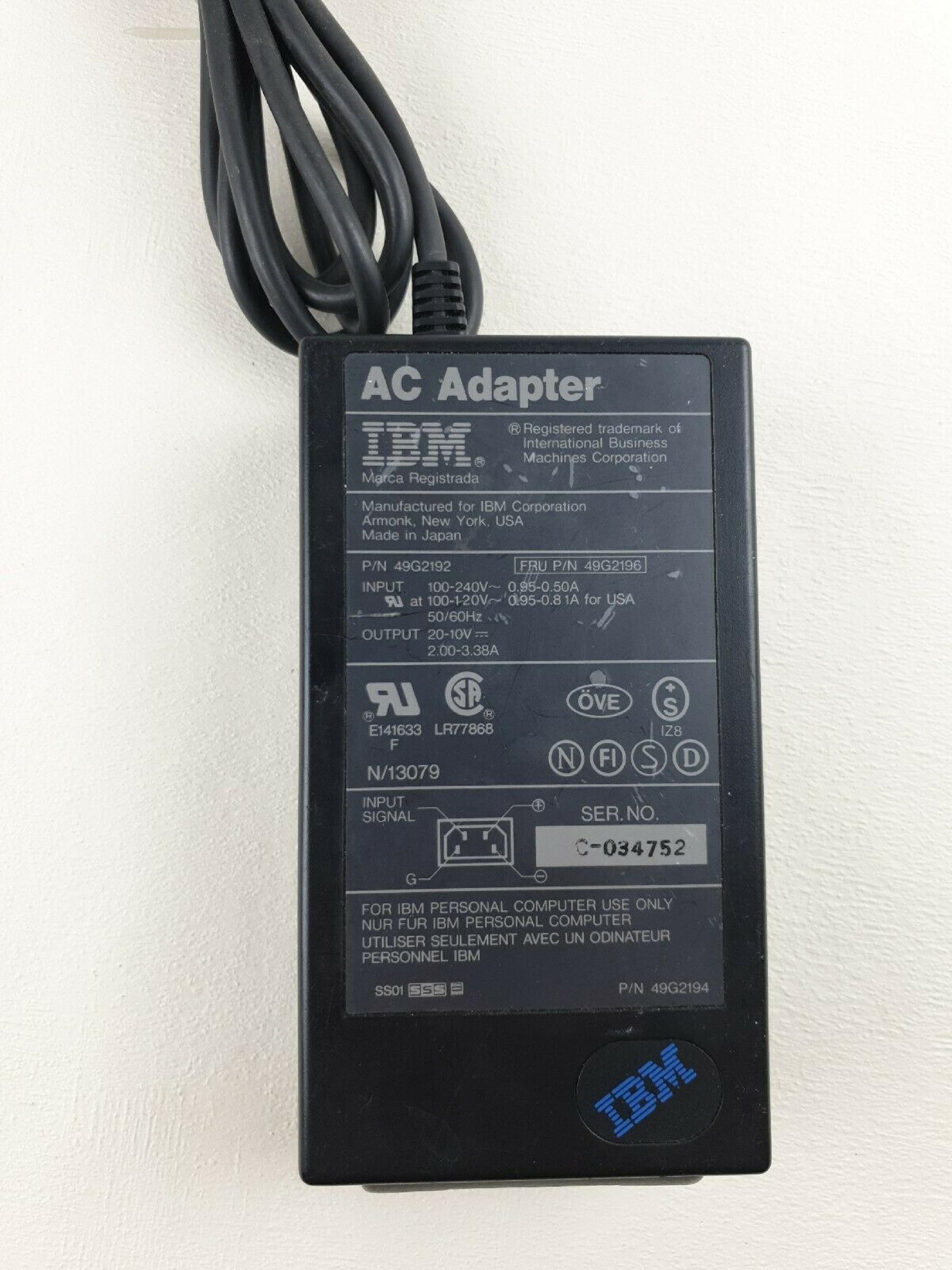 IBM 49G2192 THINKPAD AC ADAPTER 20V 2A 10V 3.38A