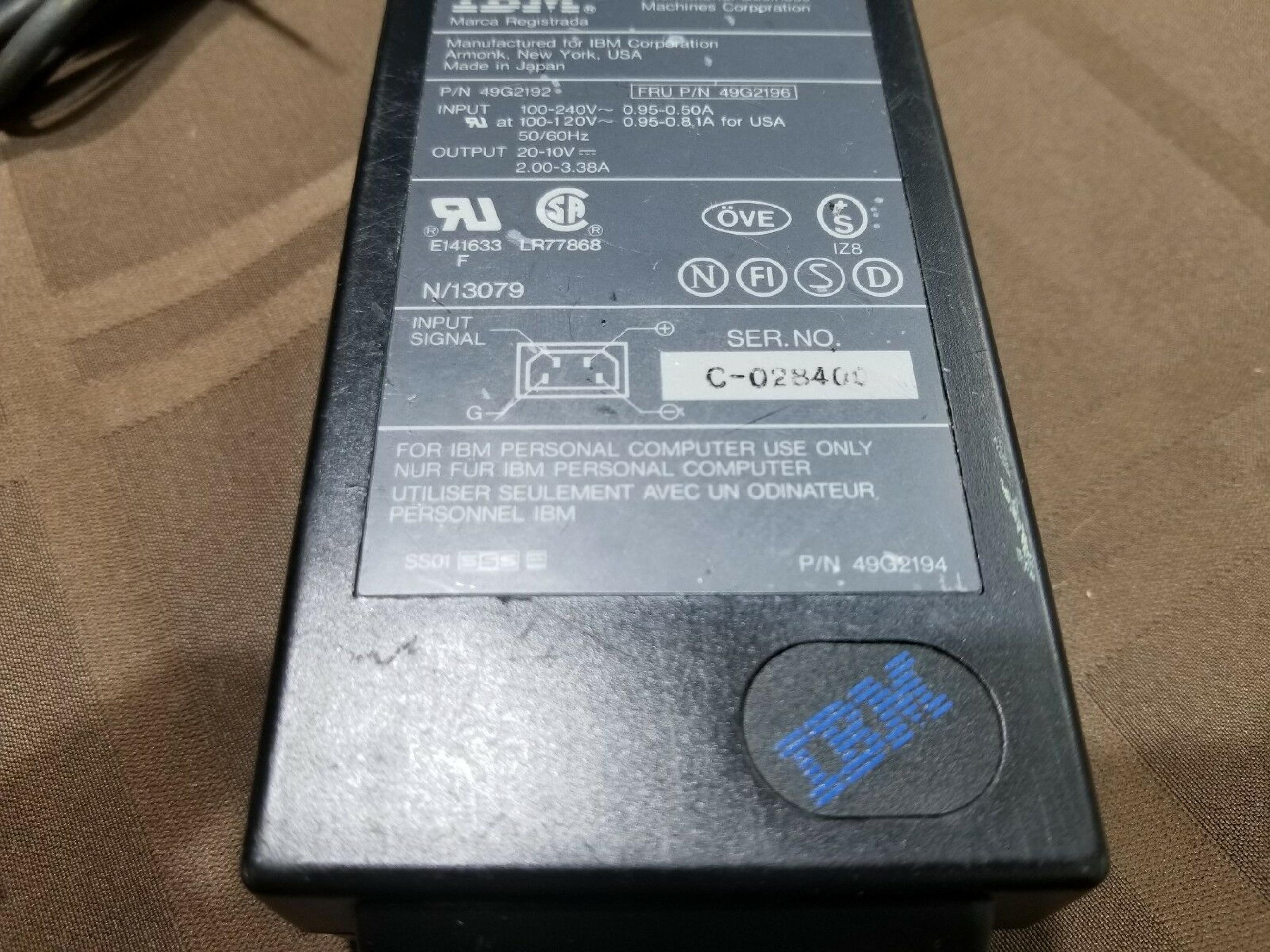 IBM 49G2192 THINKPAD AC ADAPTER 20V 2A 10V 3.38A