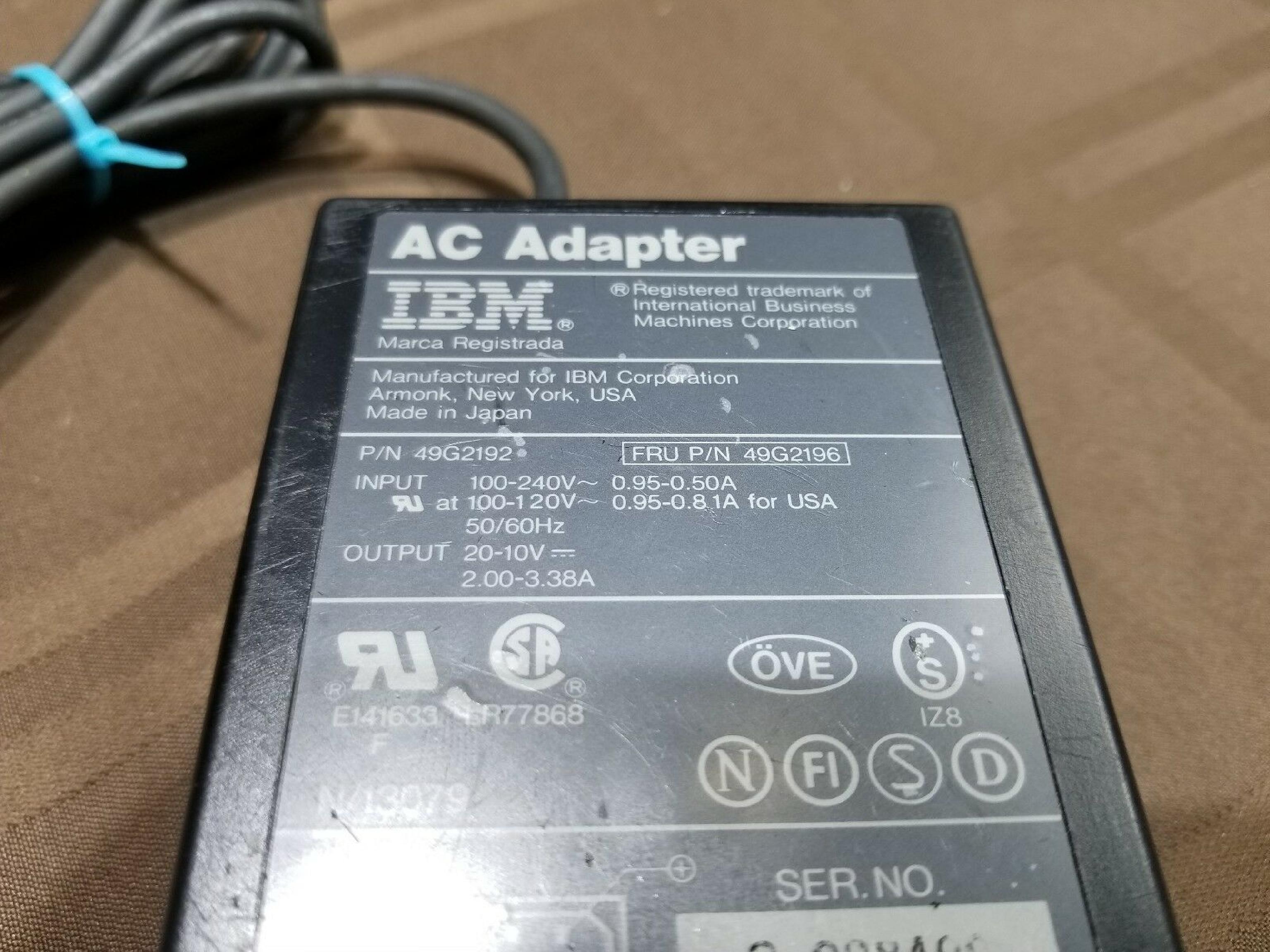 IBM 49G2192 THINKPAD AC ADAPTER 20V 2A 10V 3.38A