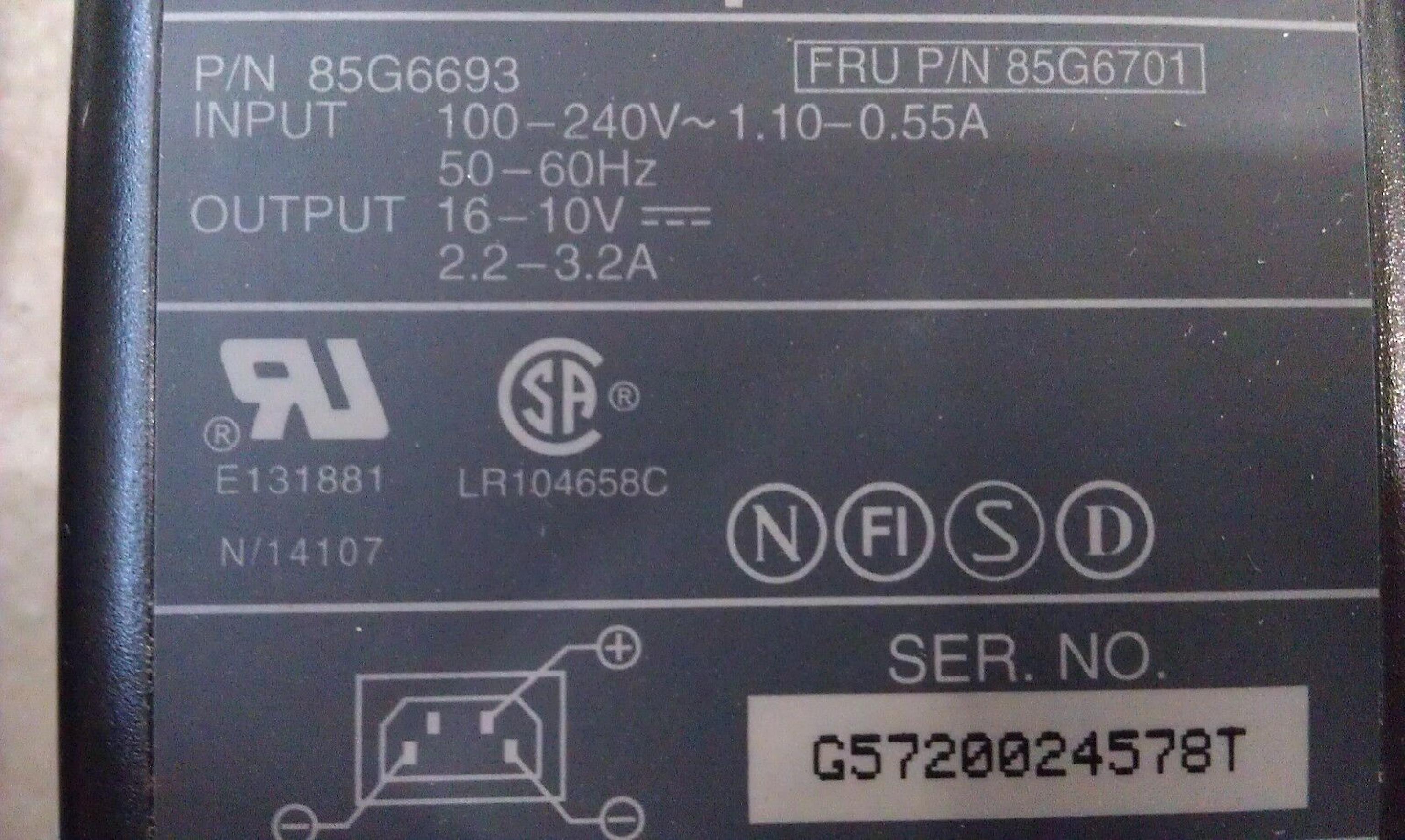 IBM 85G6693 THINKPAD AC ADAPTER 16V 2.2A 10V 3.2A