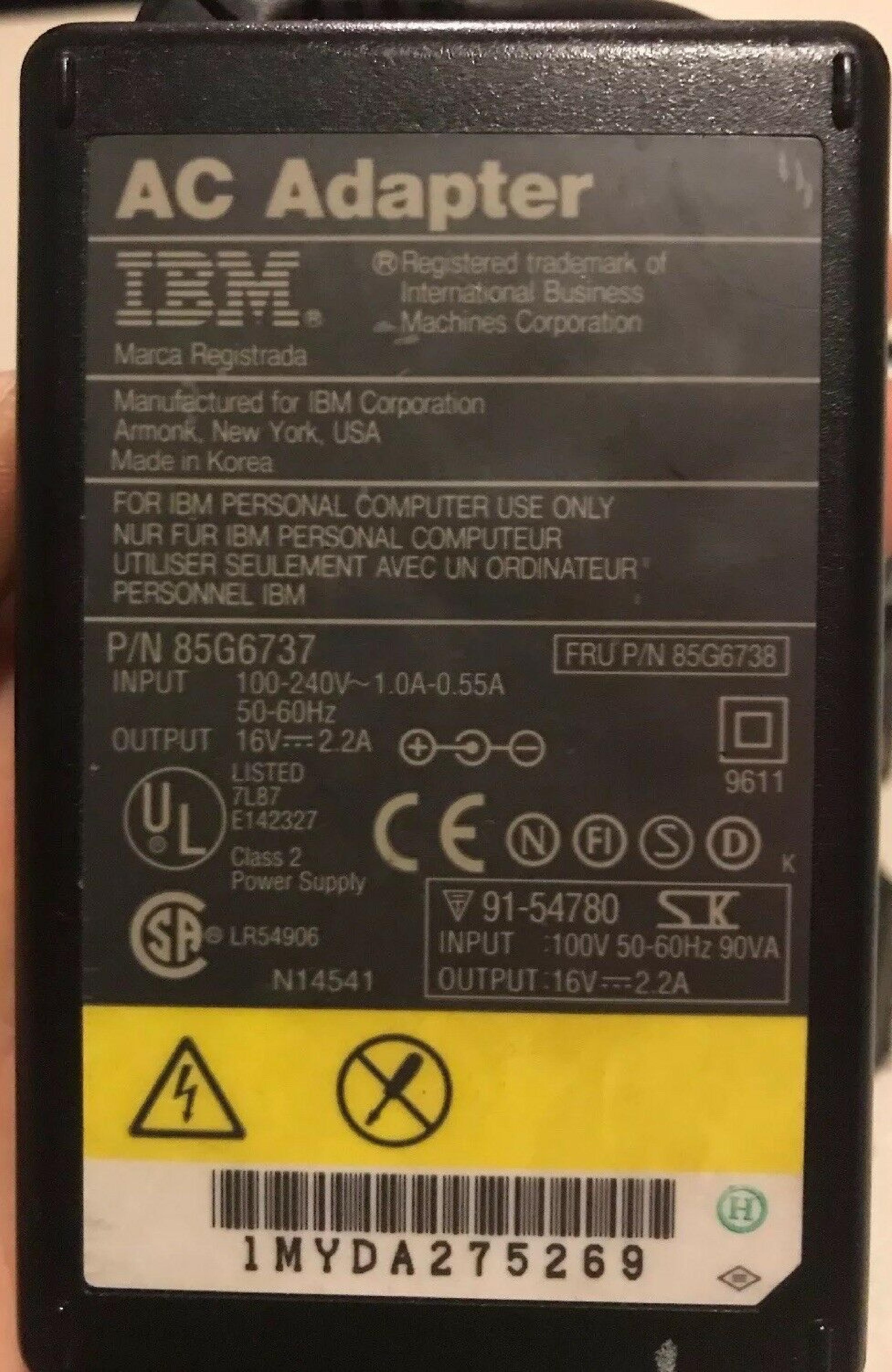 IBM 85G6737 AC ADAPTER 16VDC 2.2A, 6FT CABLE WITH BARREL CONNECTOR, OD:5.5MM, ID:2.5MM, DESKTOP STYLE, NEGATIVE OUTSIDE POLE