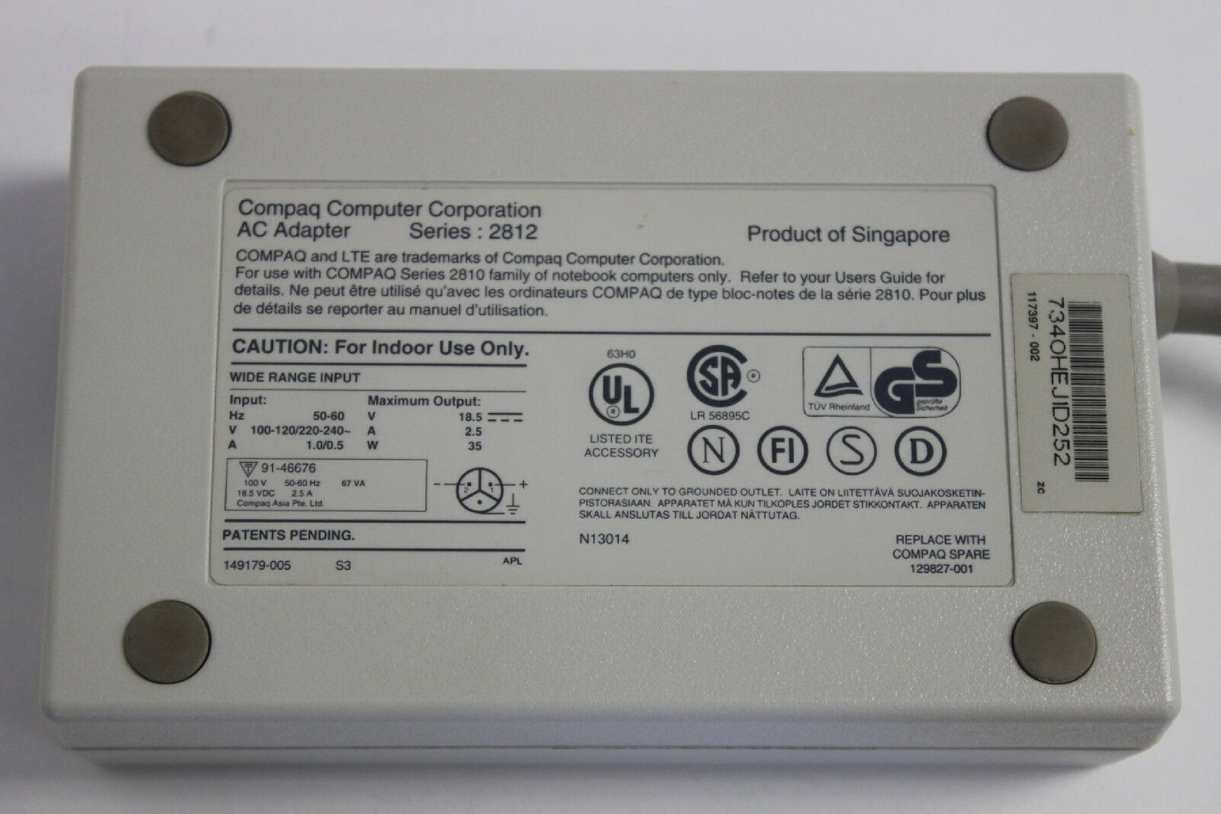 COMPAQ / HEWLETT PACKARD / HP 129827-001 REPAIRED AC ADAPTER 18.5V 2.5A 3PIN CONNECTOR, POWER SUPPLY FOR LTE LITE