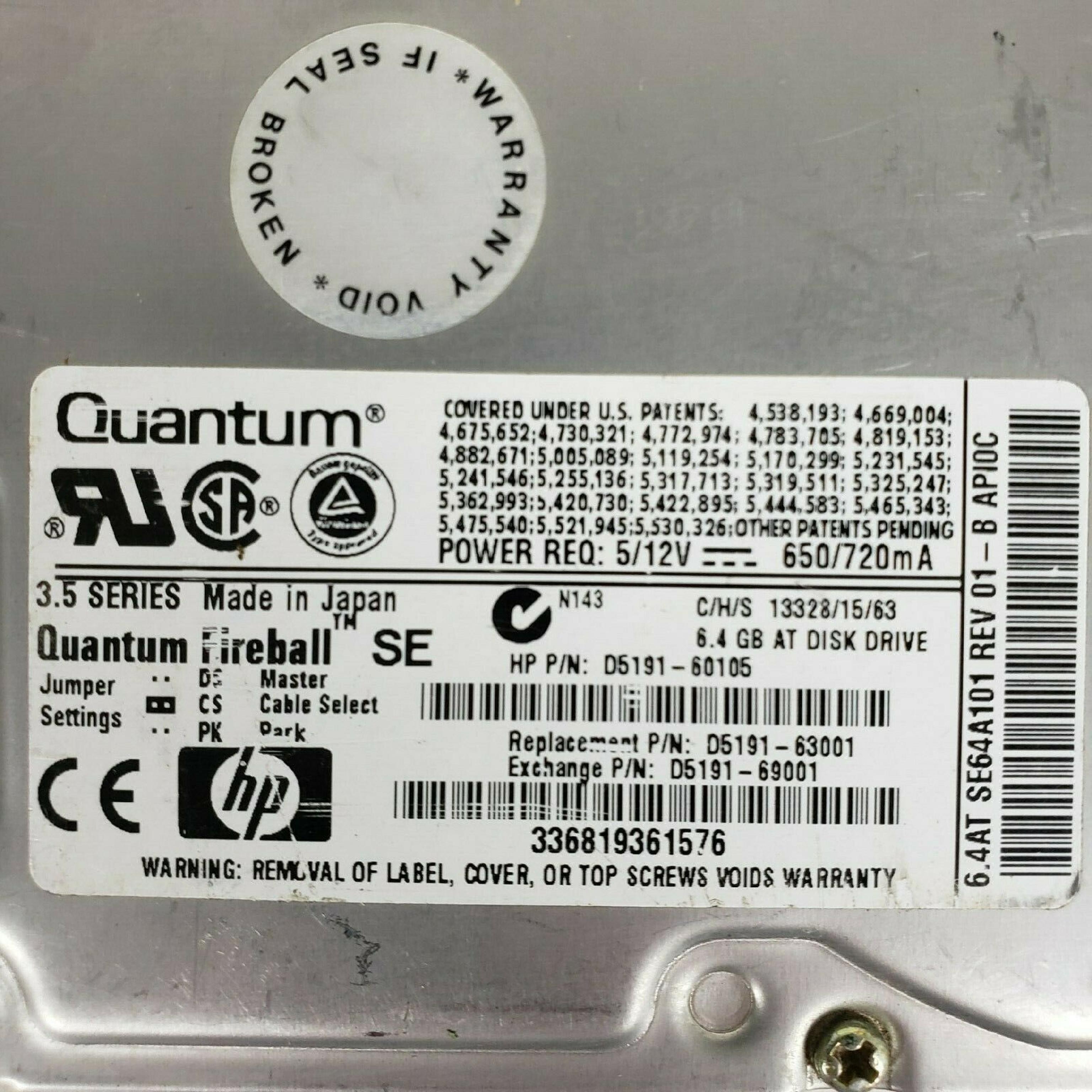 QUANTUM SE64A101 6.4GB IDE 3.5INCH DRIVE