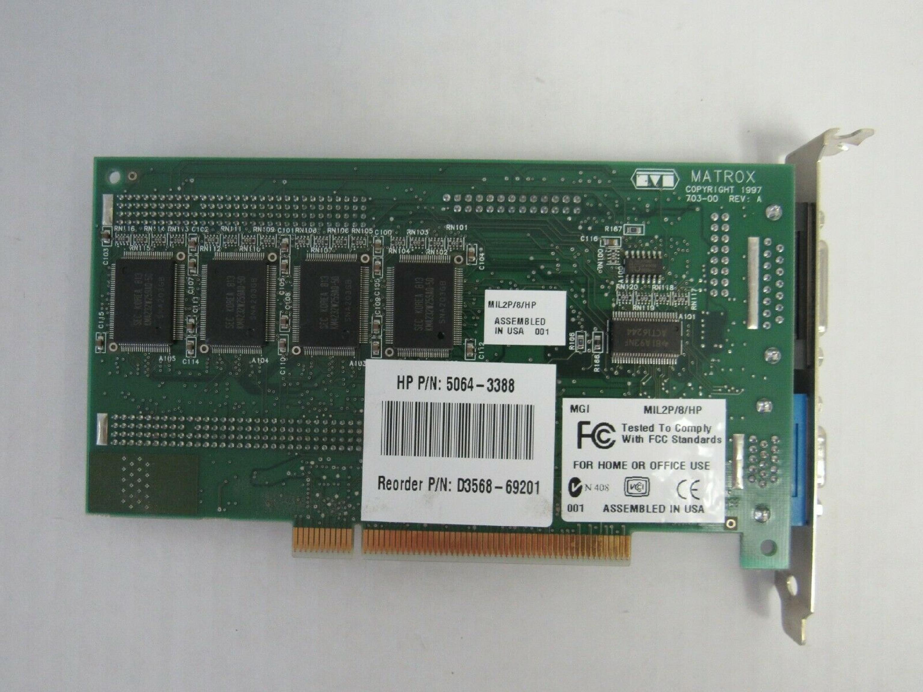 HEWLETT PACKARD / HP / MATROX 5064-3388 PCI VIDEO CARD MILLENNIUM II 8MB WITH VGA AND OUTPUT