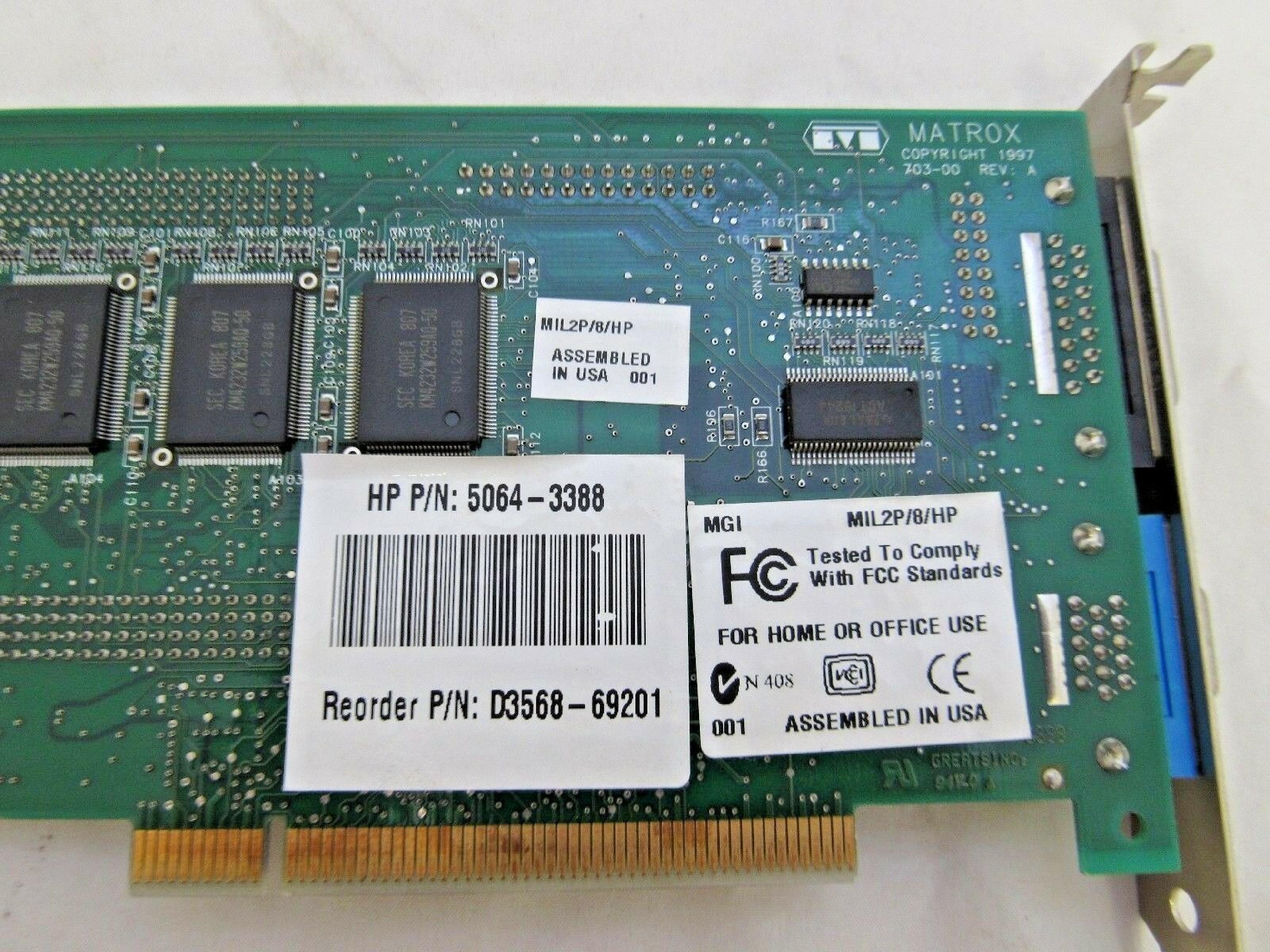 HEWLETT PACKARD / HP / MATROX D3568-69201 PCI VIDEO CARD MILLENNIUM II 8MB WITH VGA AND OUTPUT