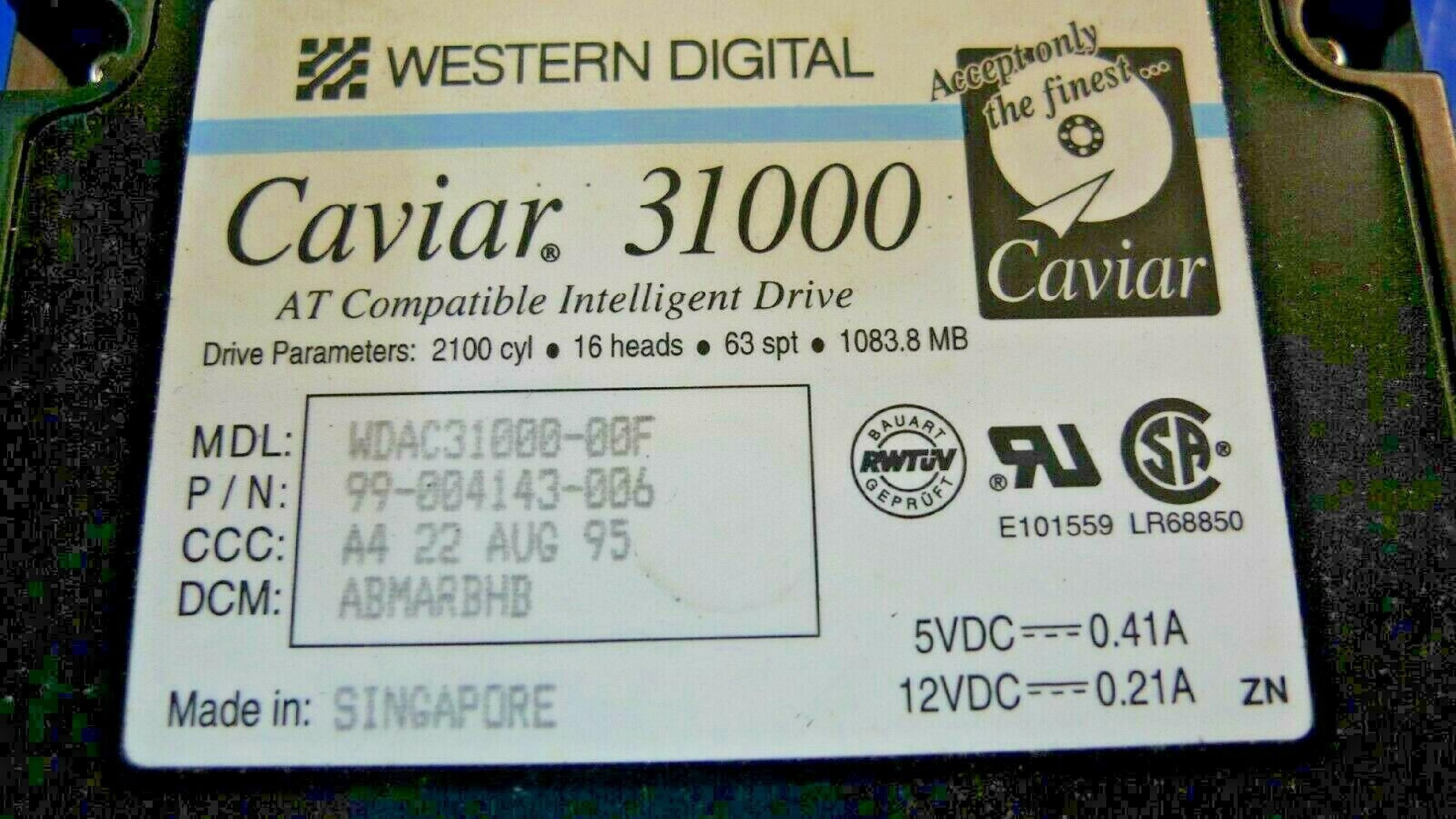 WESTERN DIGITAL / WD WDAC31000-00H WESTERN DIGITAL CAVIAR 31000 1083.8 MB AT HARD DRIVE IDE 3.5 INCH