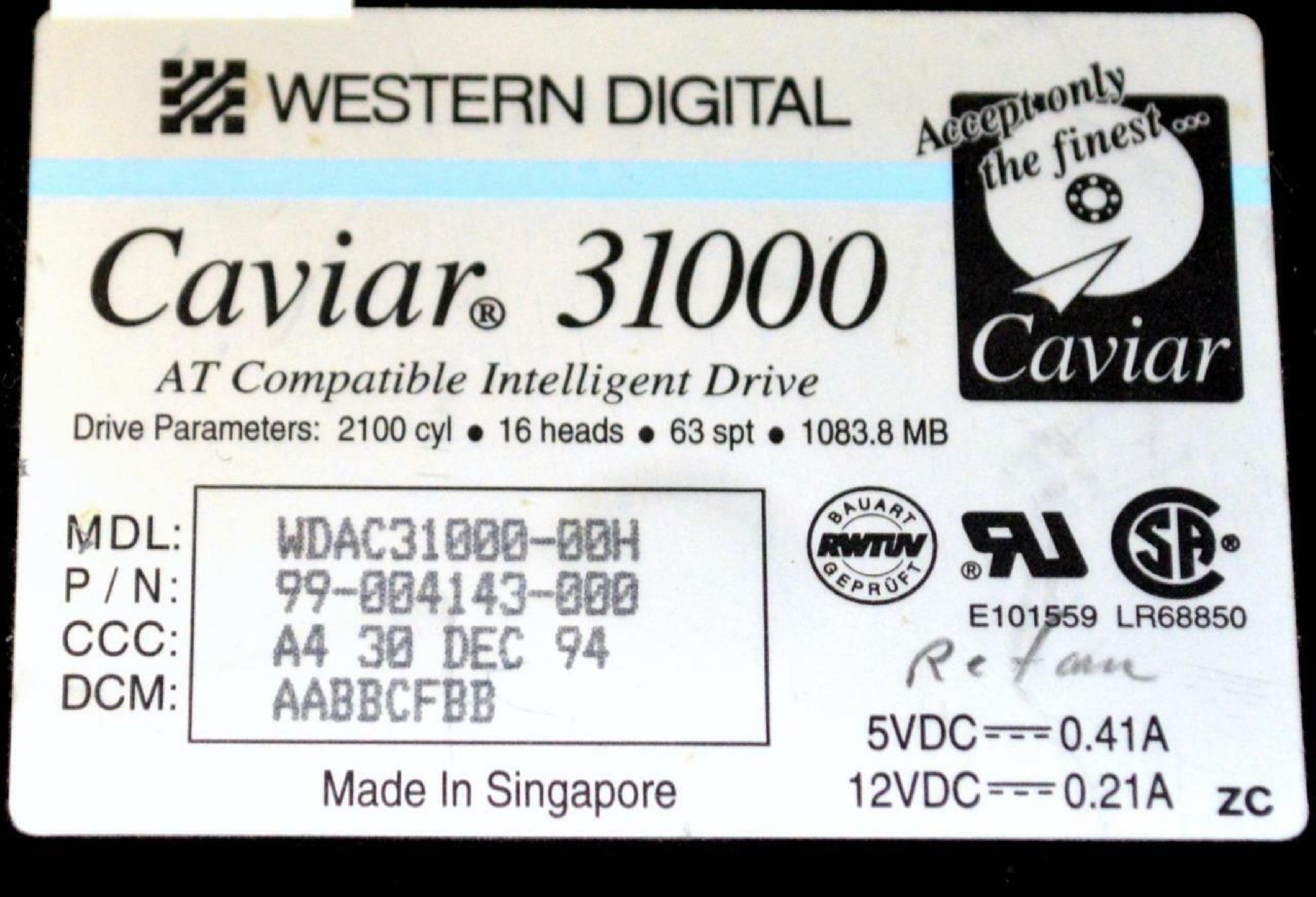 WESTERN DIGITAL / WD WDAC31000-00H WESTERN DIGITAL CAVIAR 31000 1083.8 MB AT HARD DRIVE IDE 3.5 INCH