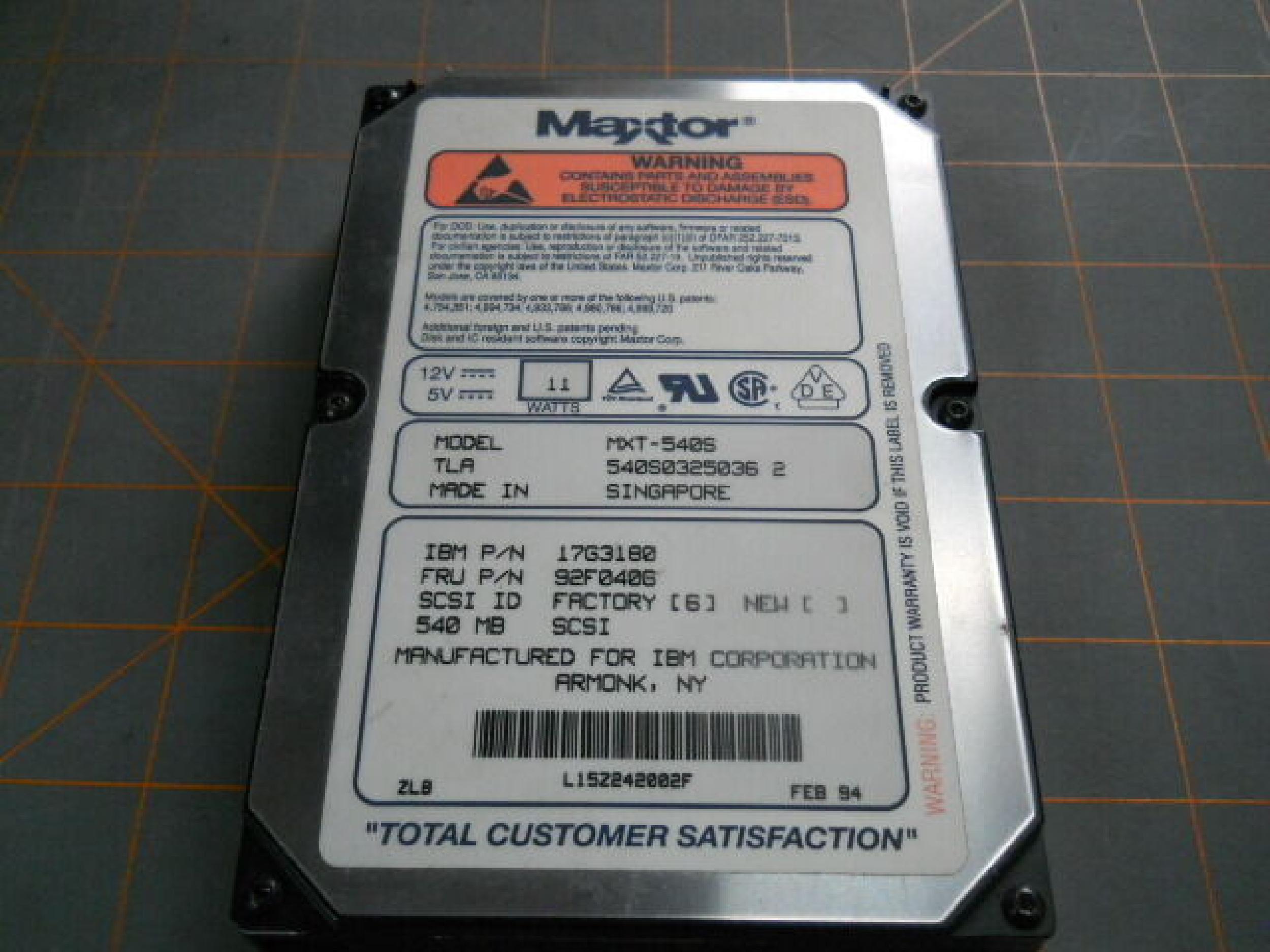 MAXTOR 92F0406 540MB 3.5 INCH SCSI-2 HARD DRIVE