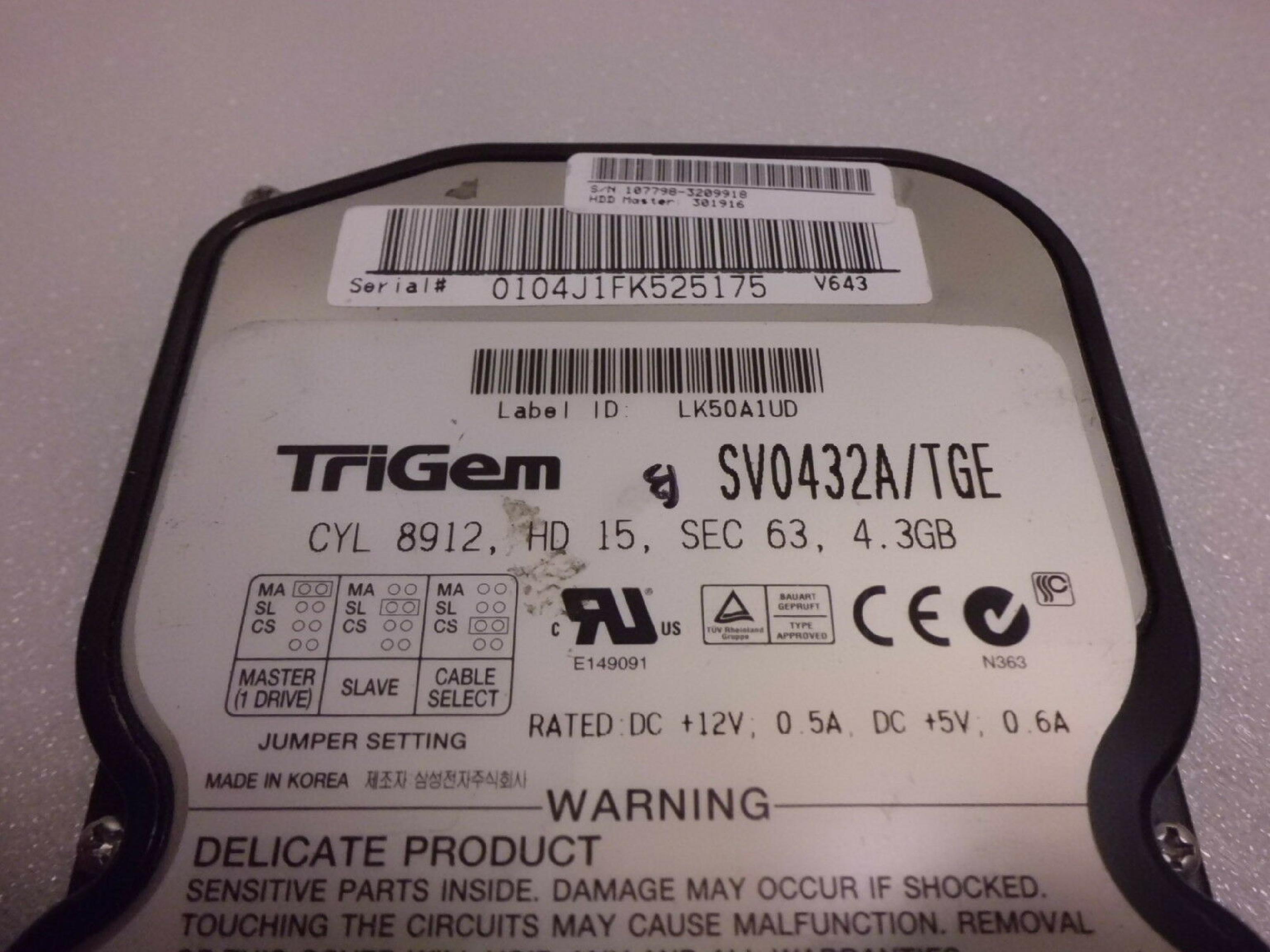 TRIGEM SV0432A/TGE 4.3GB IDE HARD DRIVE IDE HARD DRIVE 3.5 INCH