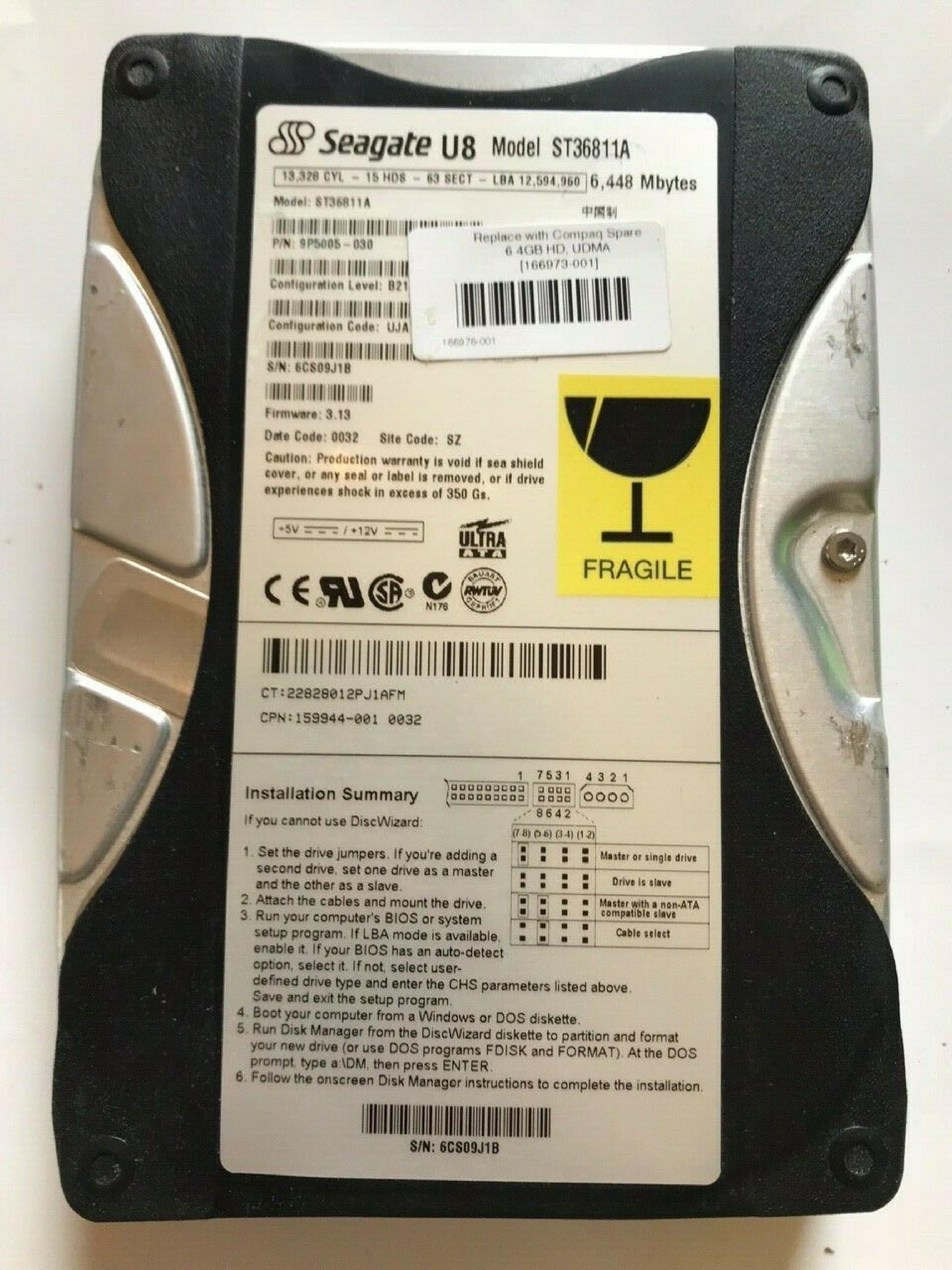 SEAGATE 9P5005-030 6.8GB IDE 3.5 INCH HARD DRIVE 6.4GB CONF: B21432 CODE: UJA-01 FIRMWARE: 3.05