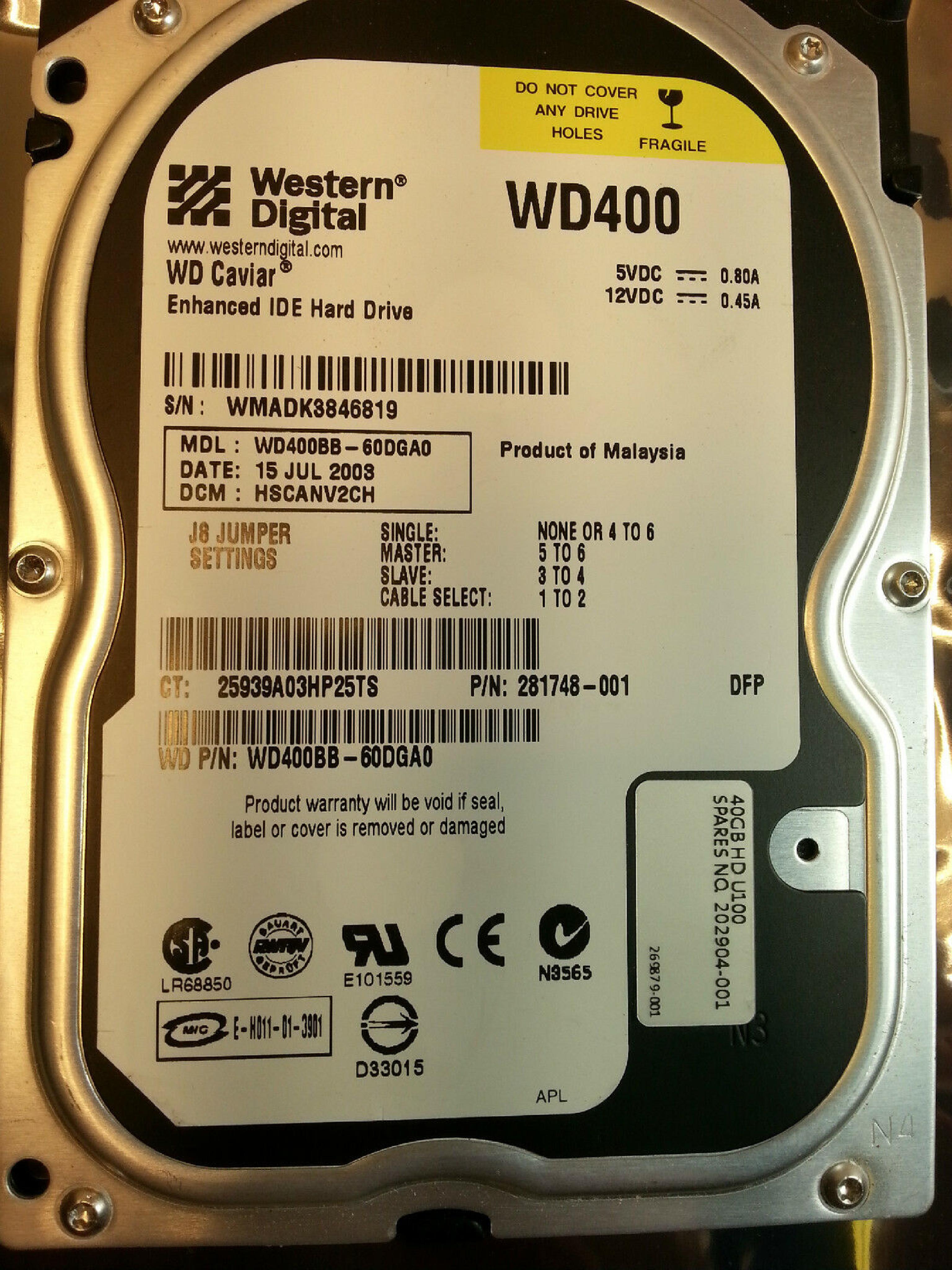 WESTERN DIGITAL / WD WD400BB-60CJA0 40GB 3.5 INCH 7200 RPM IDE HARD DRIVE