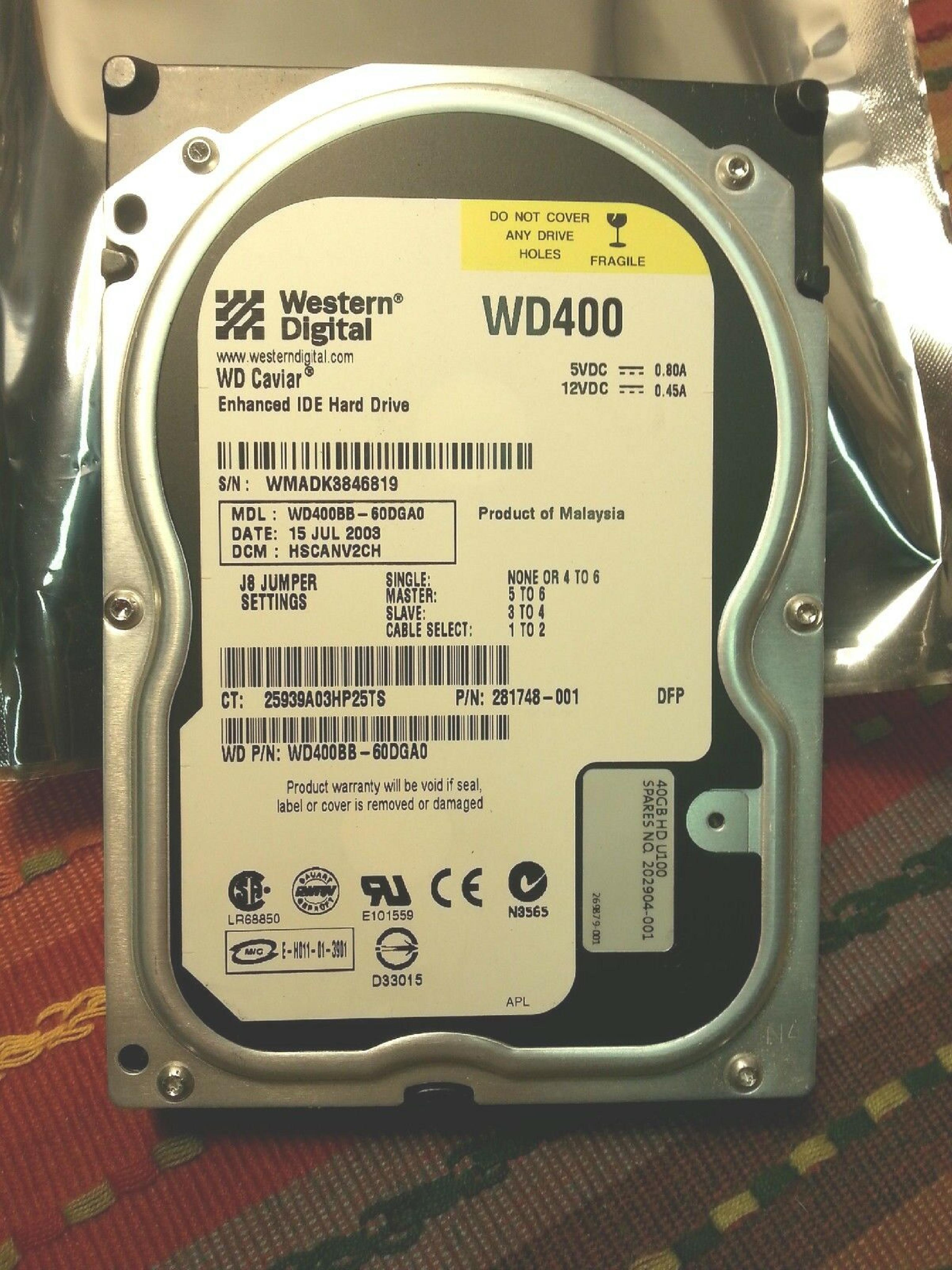 WESTERN DIGITAL / WD WD400BB-60CJA0 40GB 3.5 INCH 7200 RPM IDE HARD DRIVE