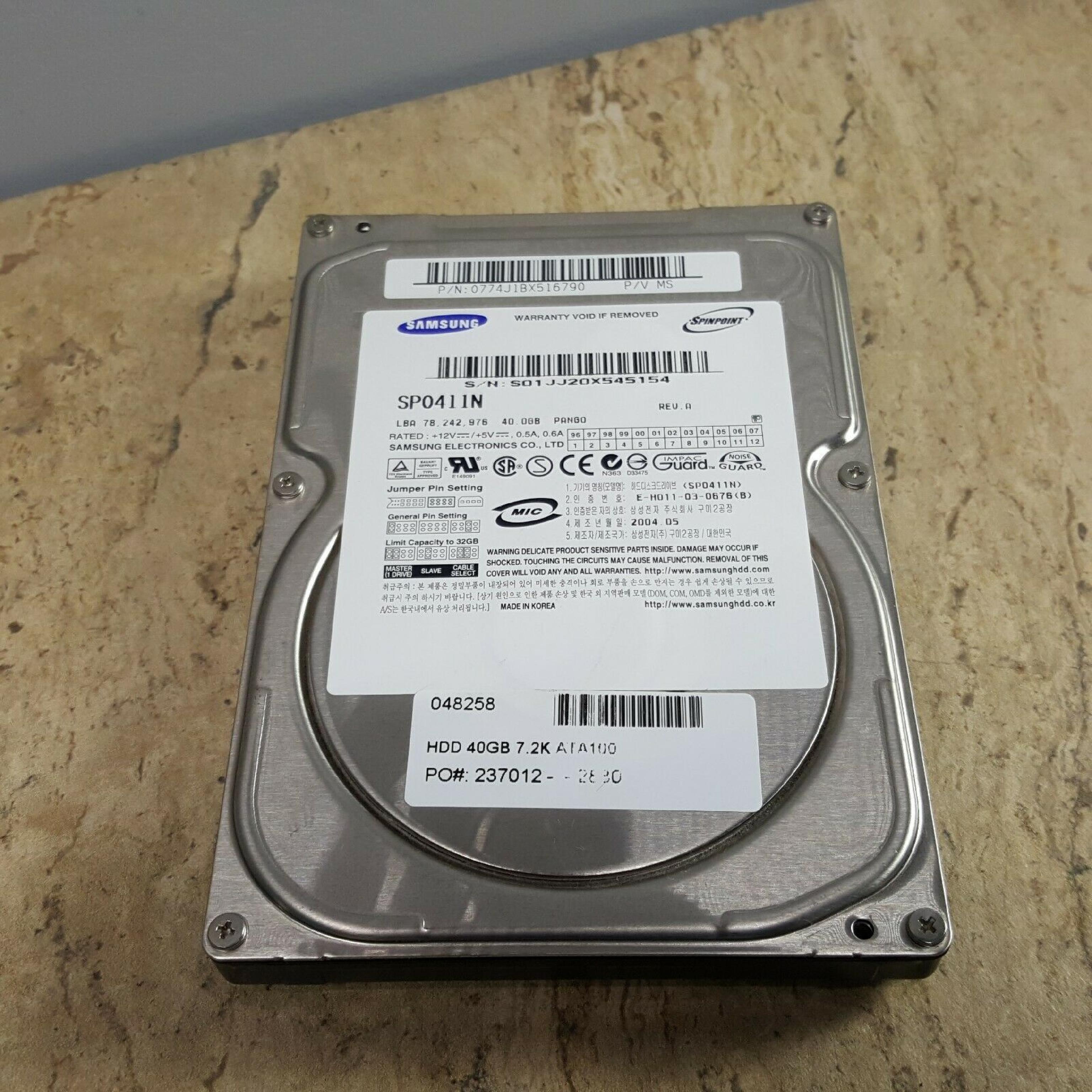 SAMSUNG / SEAGATE SP0411N 40GB 3.5 INCH 7200 RPM IDE HARD DRIVE P/V SSN SLIM HD DATE: 2004.04 LBA: 78,165,360 REV: A F/W: 100-11 PANGO 2004.06 2004.09 2004.10 2004.11 2004.02 2005.03 2004.05 REV F/W DATE 2004.03