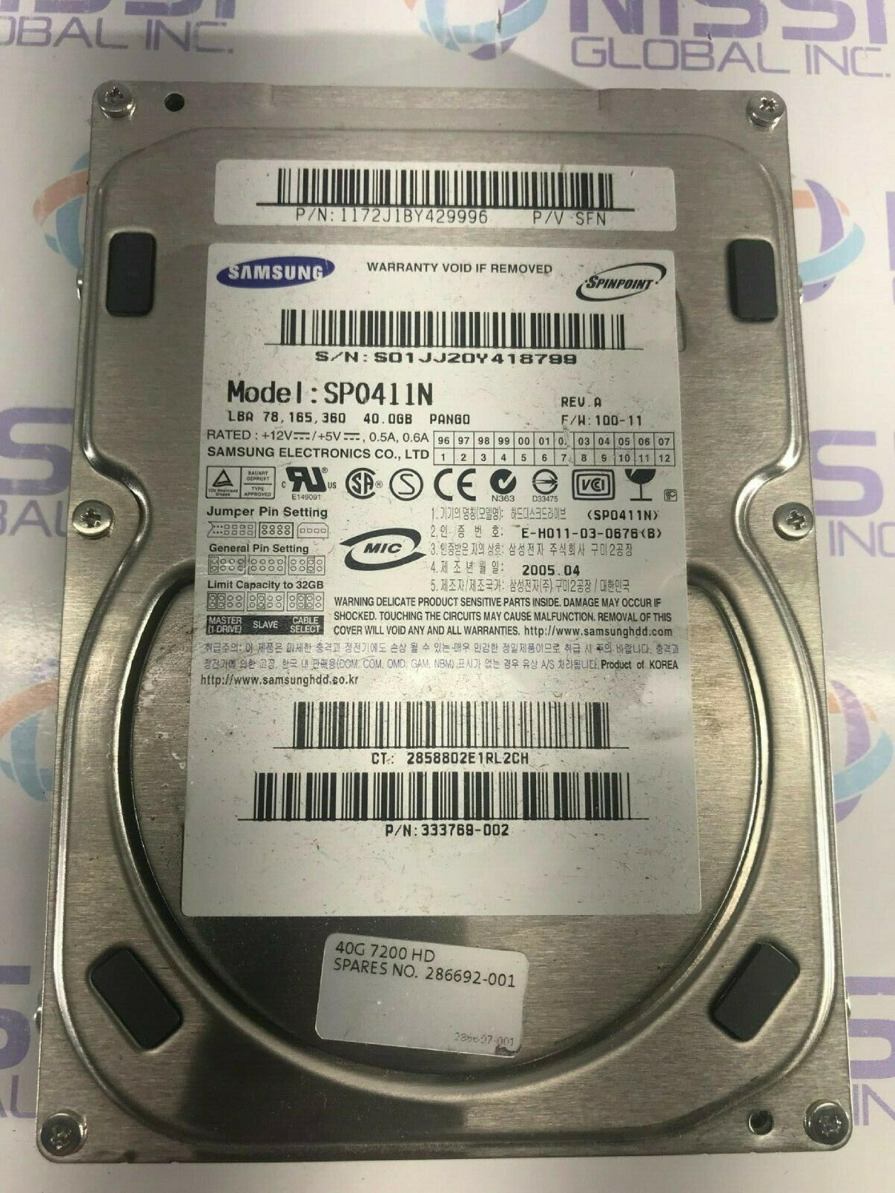 SAMSUNG / SEAGATE SP0411N 40GB 3.5 INCH 7200 RPM IDE HARD DRIVE P/V SSN SLIM HD DATE: 2004.04 LBA: 78,165,360 REV: A F/W: 100-11 PANGO 2004.06 2004.09 2004.10 2004.11 2004.02 2005.03 2004.05 REV F/W DATE 2004.03