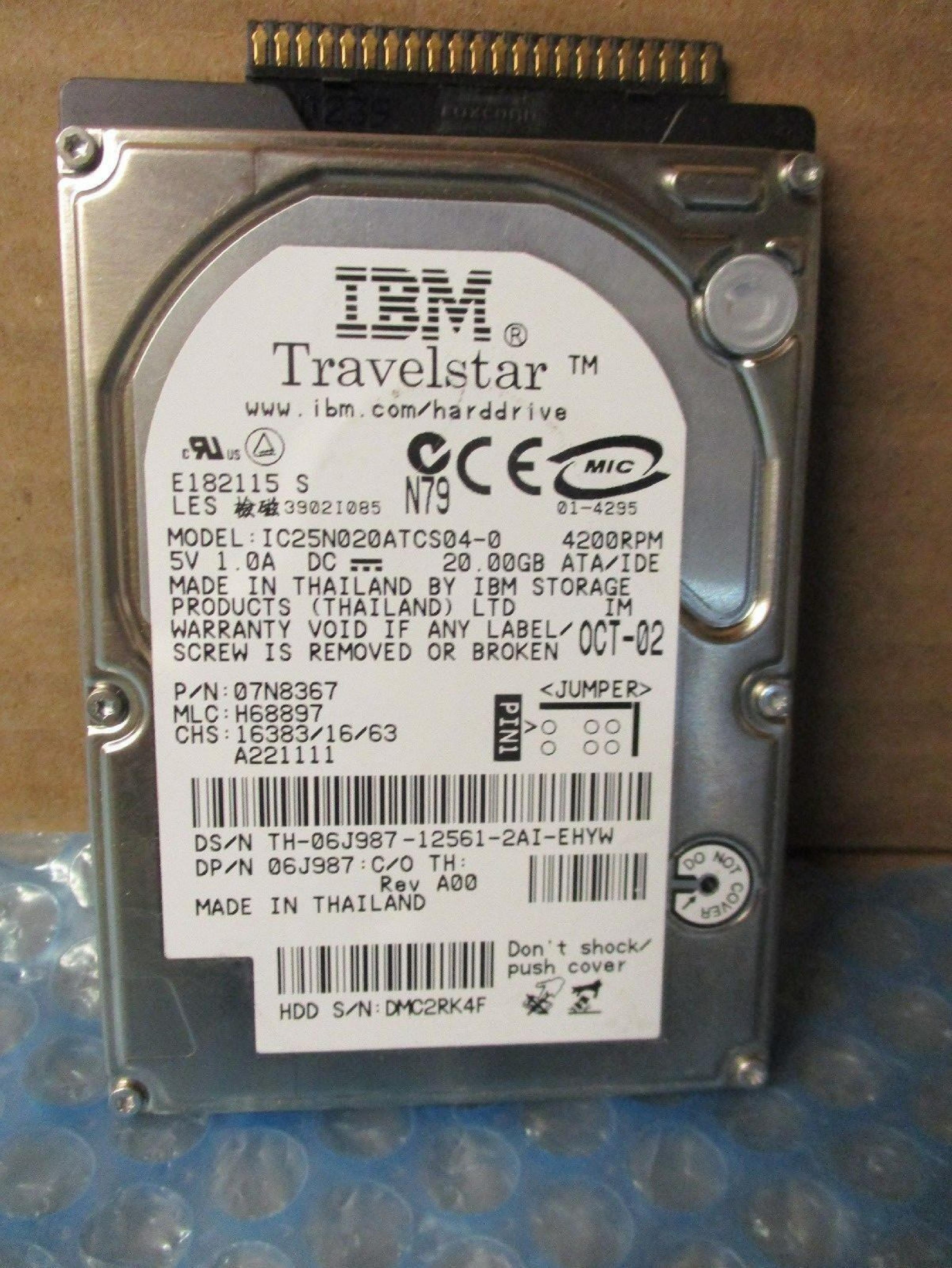 HITACHI / IBM / IBM IC25N020ATCS04-0 20GB 2.5 INCH ATA/IDE LAPTOP HARD DRIVE 2.5IN 4200 RPM 21AUG03 MLC: H32687 OCT-02 H68897 REV. A00 JUL-02