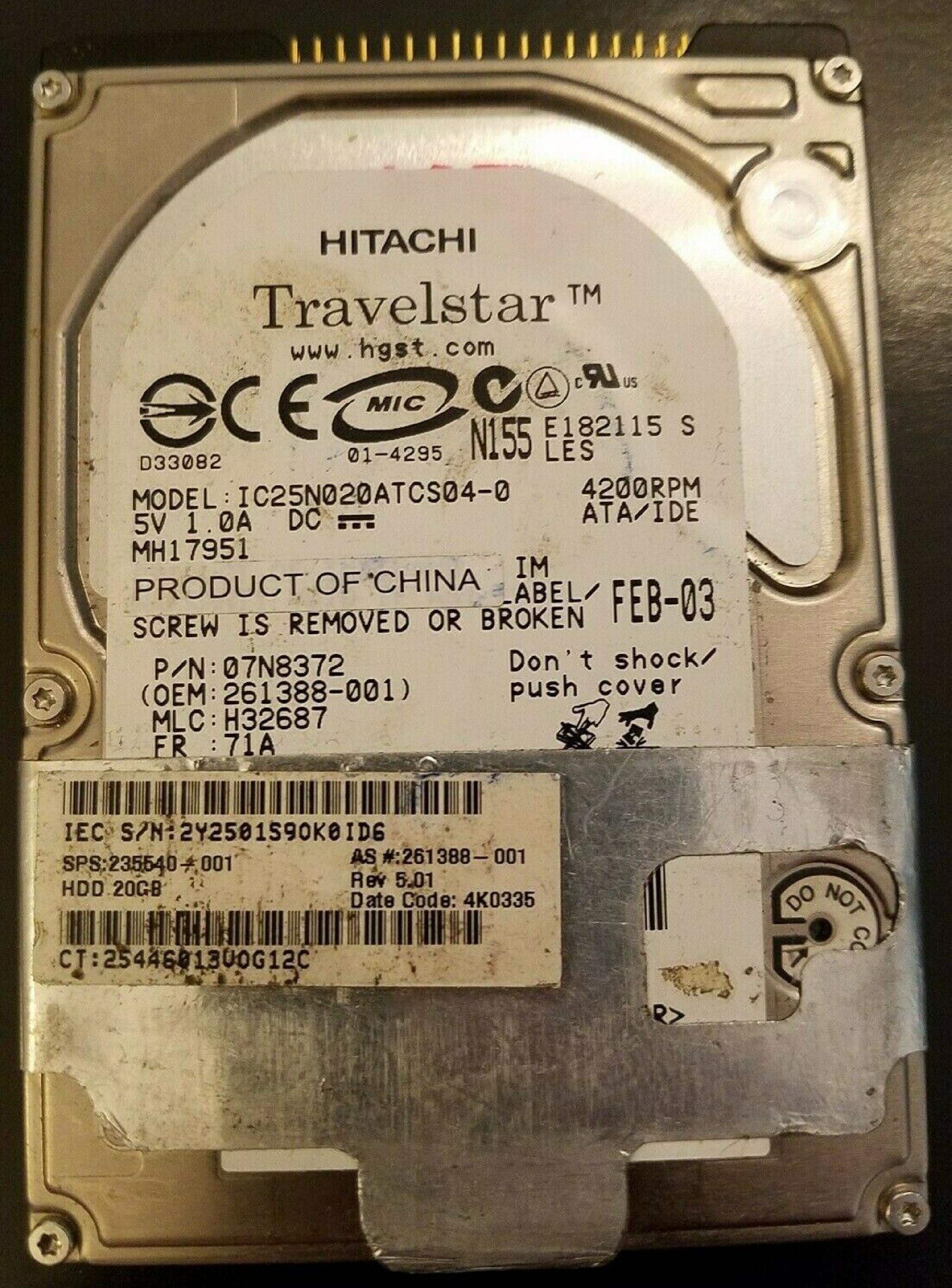 HITACHI / IBM / IBM IC25N020ATCS04-0 20GB 2.5 INCH ATA/IDE LAPTOP HARD DRIVE 2.5IN 4200 RPM 21AUG03 MLC: H32687 OCT-02 H68897 REV. A00 JUL-02