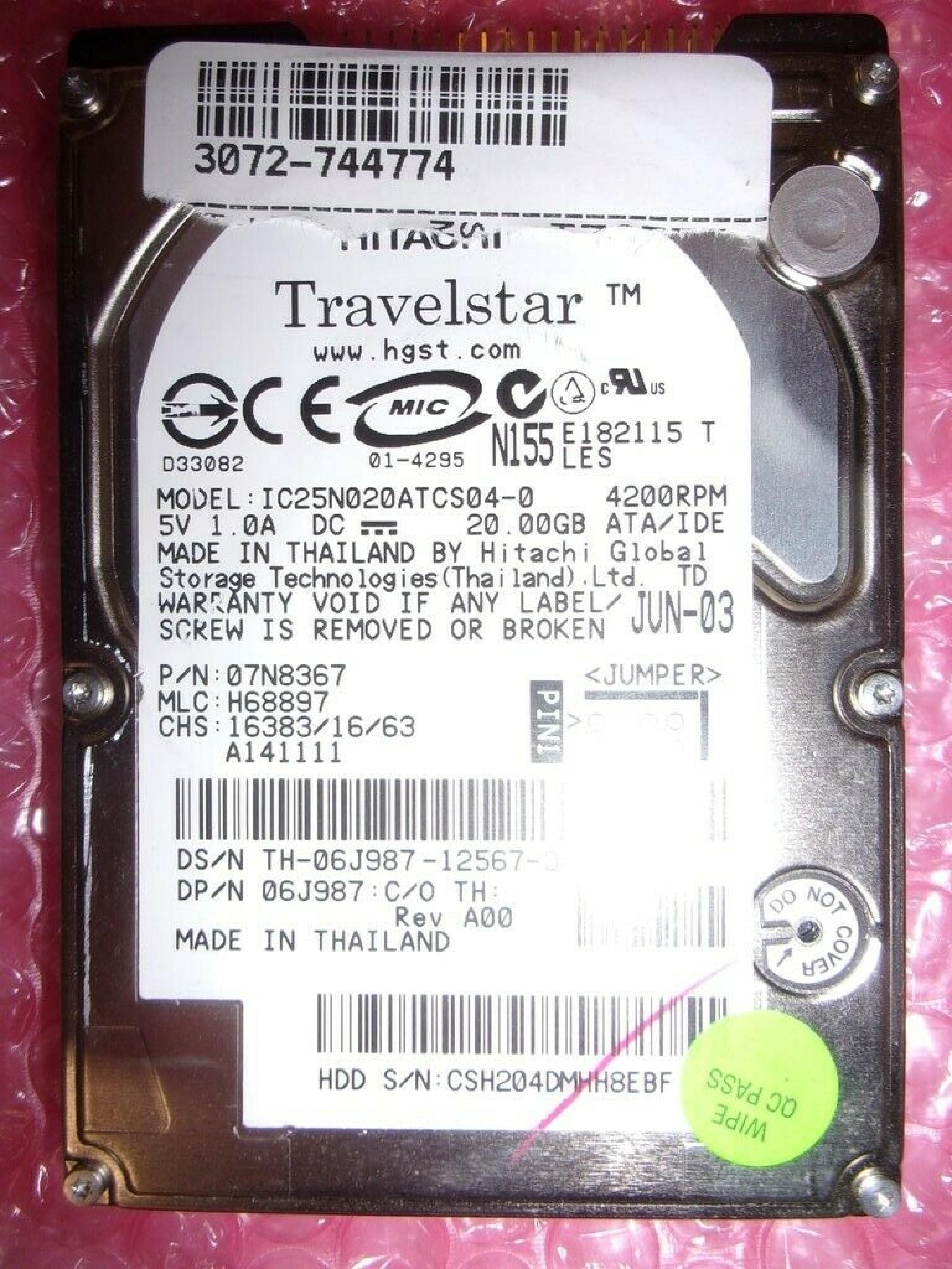 HITACHI / IBM / IBM 07N8367 20GB 2.5 INCH ATA/IDE LAPTOP HARD DRIVE 2.5IN 4200 RPM OCT-02 MLC: H68897 REV. A00