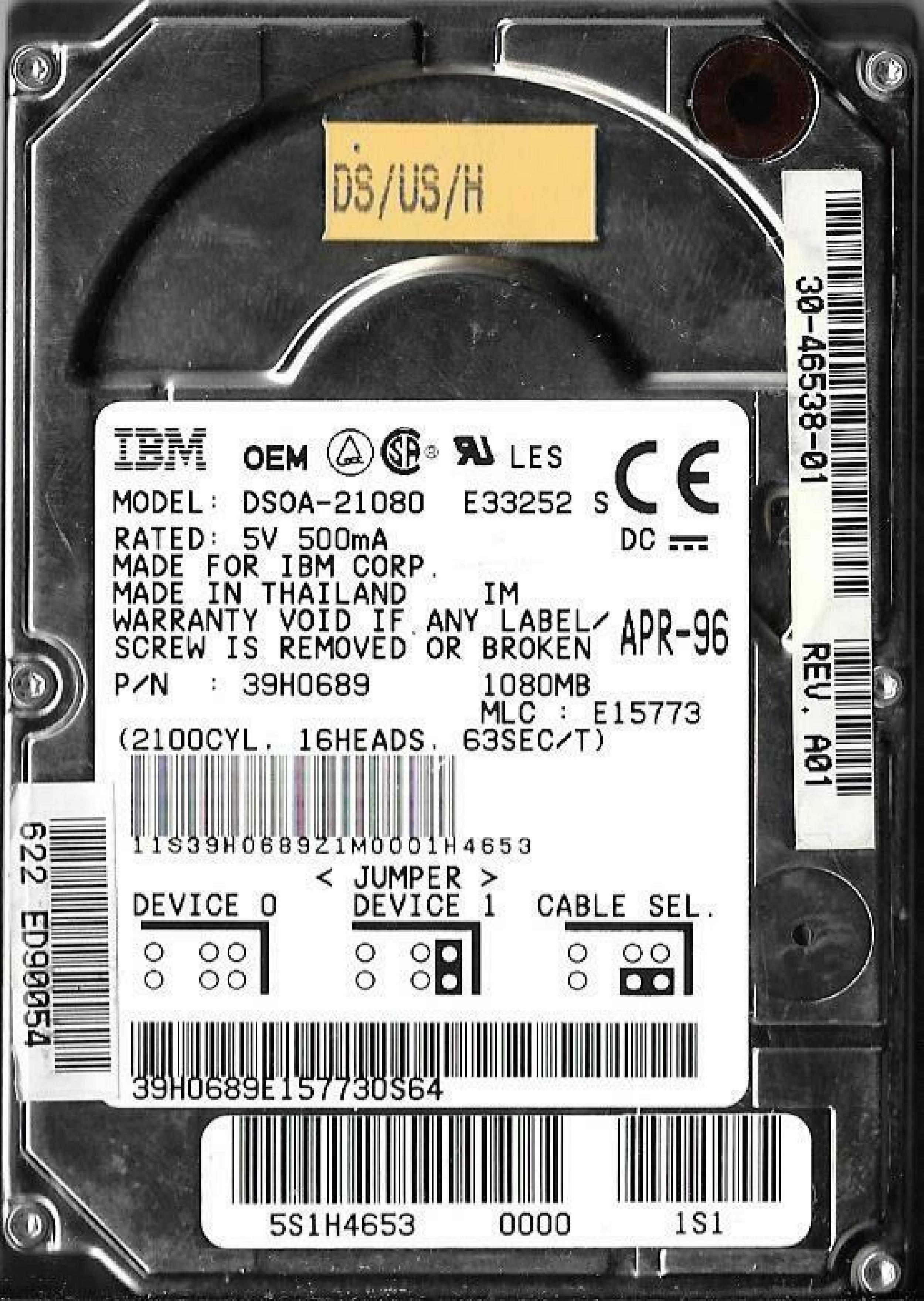 IBM DSOA-21080 1080MB 2.5 INCH IDE THINKPAD HARD DRIVE