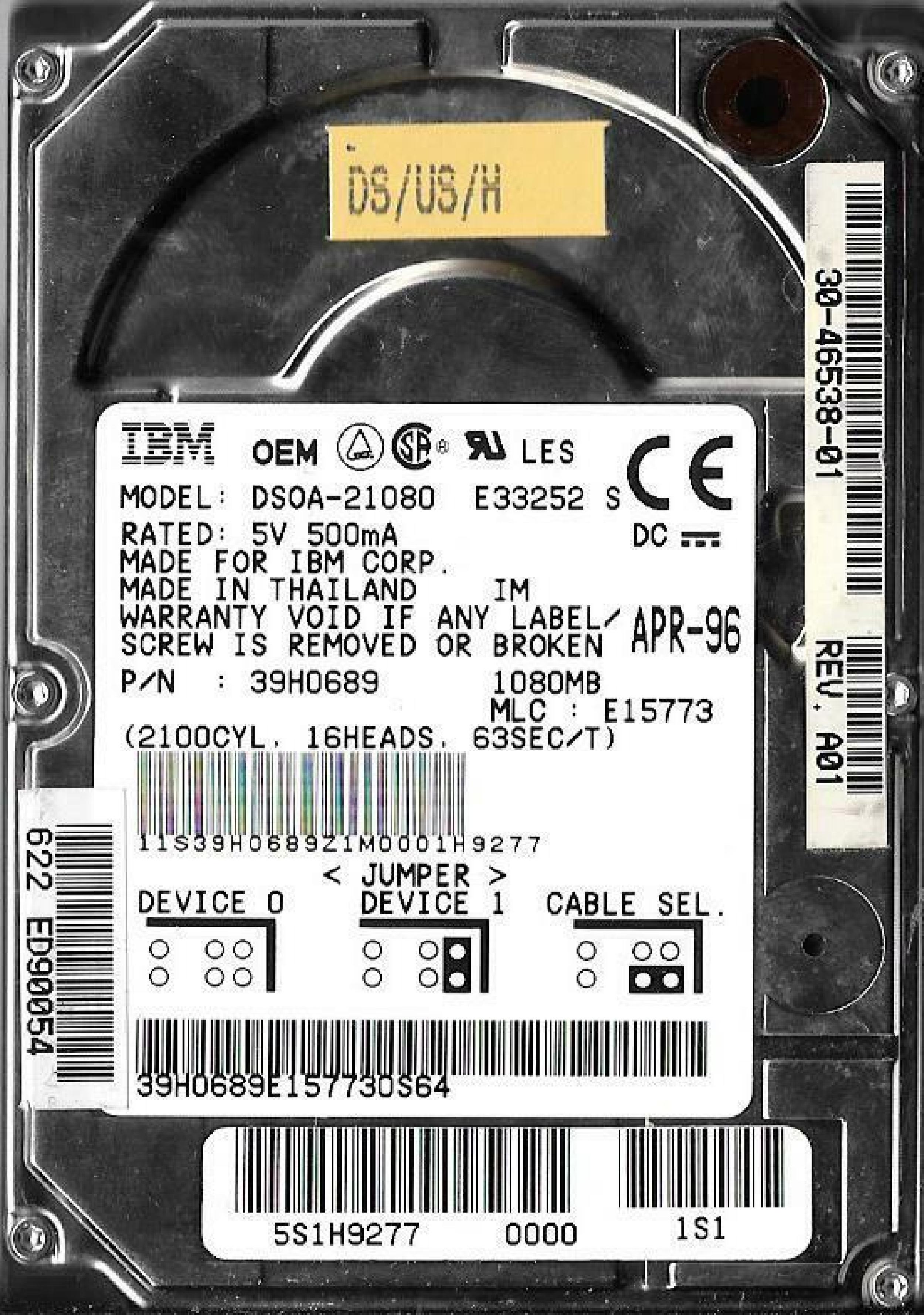 IBM DSOA-21080 1080MB 2.5 INCH IDE THINKPAD HARD DRIVE