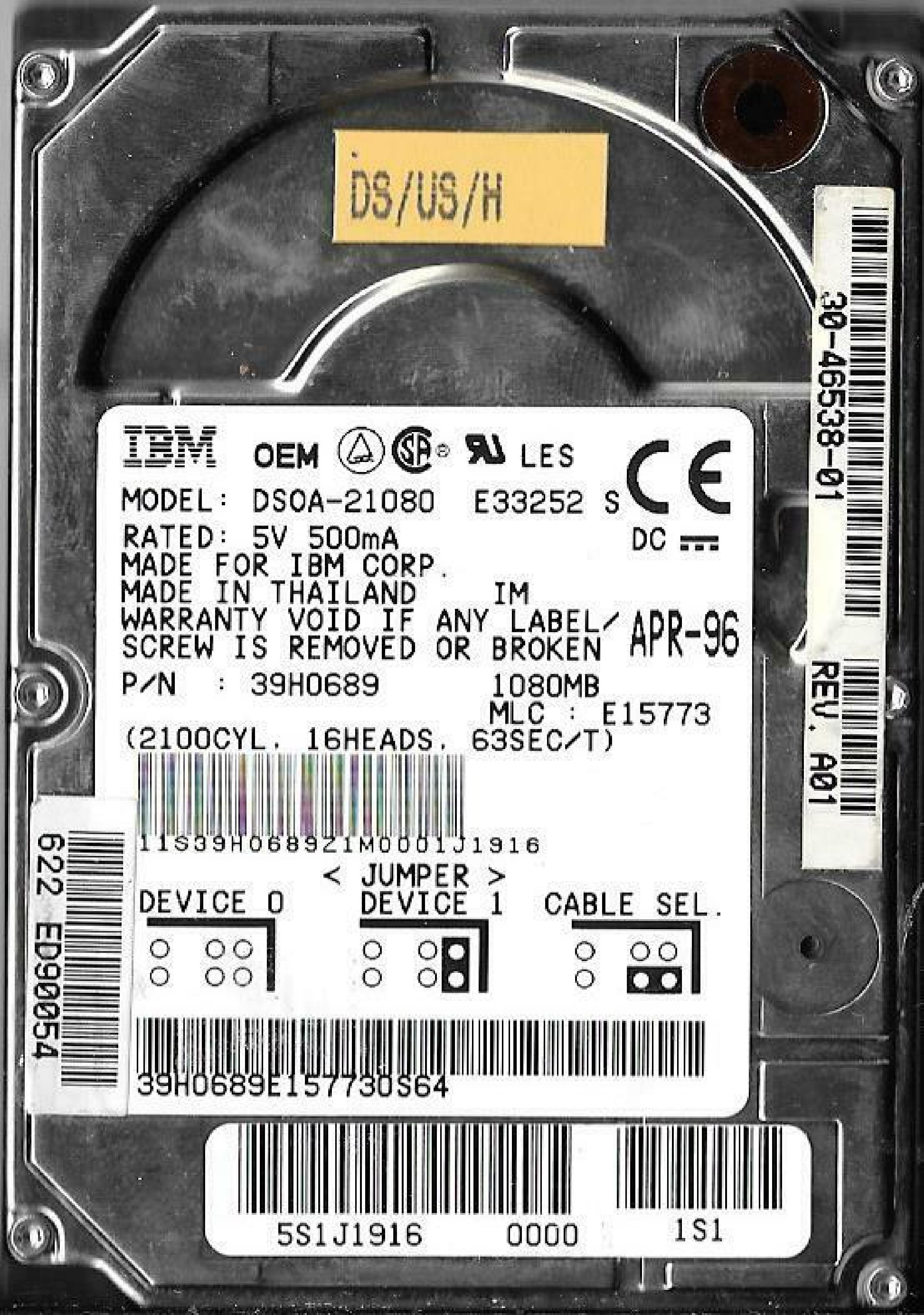 IBM DSOA-21080 1080MB 2.5 INCH IDE THINKPAD HARD DRIVE