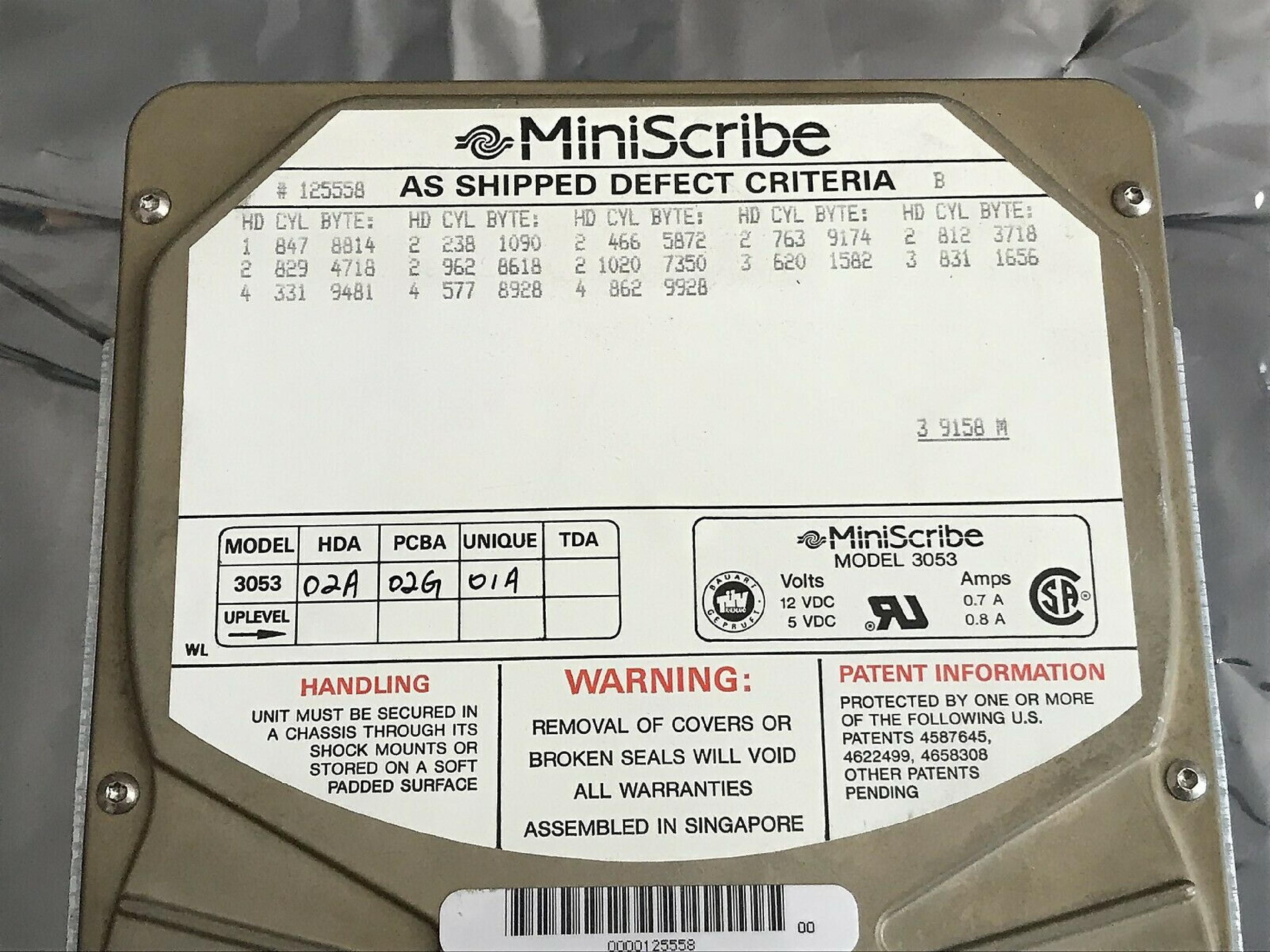 MINISCRIBE 3053 40MB 5.25 INCH MFM HH HARD DRIVE