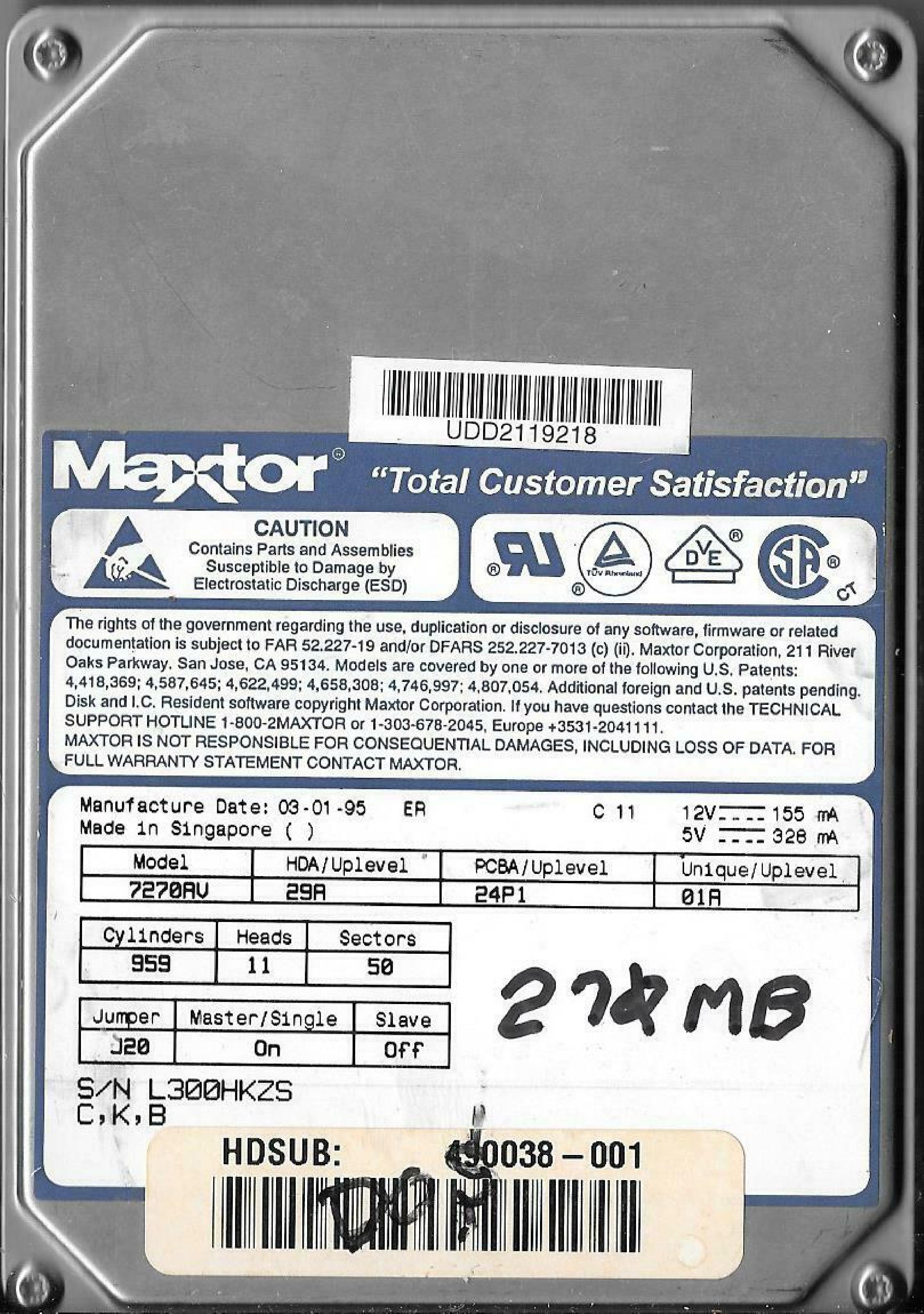 MAXTOR 7270AV 270MB IDE 3.5 INCH HARD DRIVE