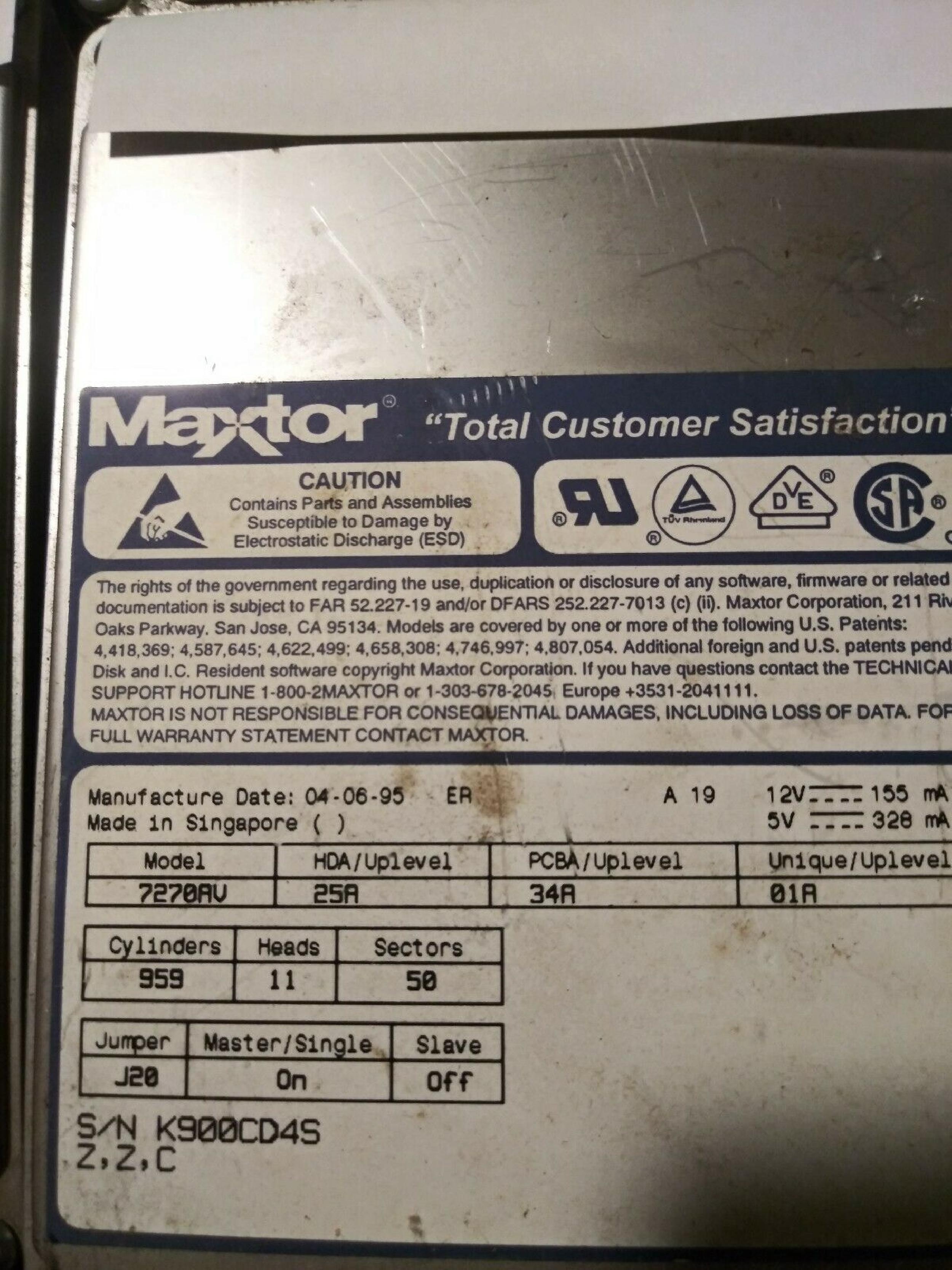 MAXTOR 7270AV 270MB IDE 3.5 INCH HARD DRIVE