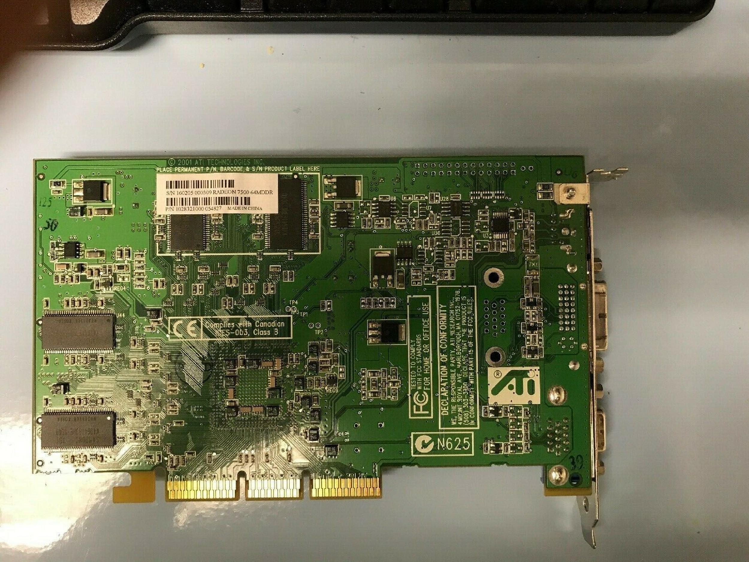 ATI 109-83200-01 64MB AGP VIDEO CARD WITH VGA DVI AND S-VIDEO OUTPUTS RADEON 7500 DDR SVIDEO