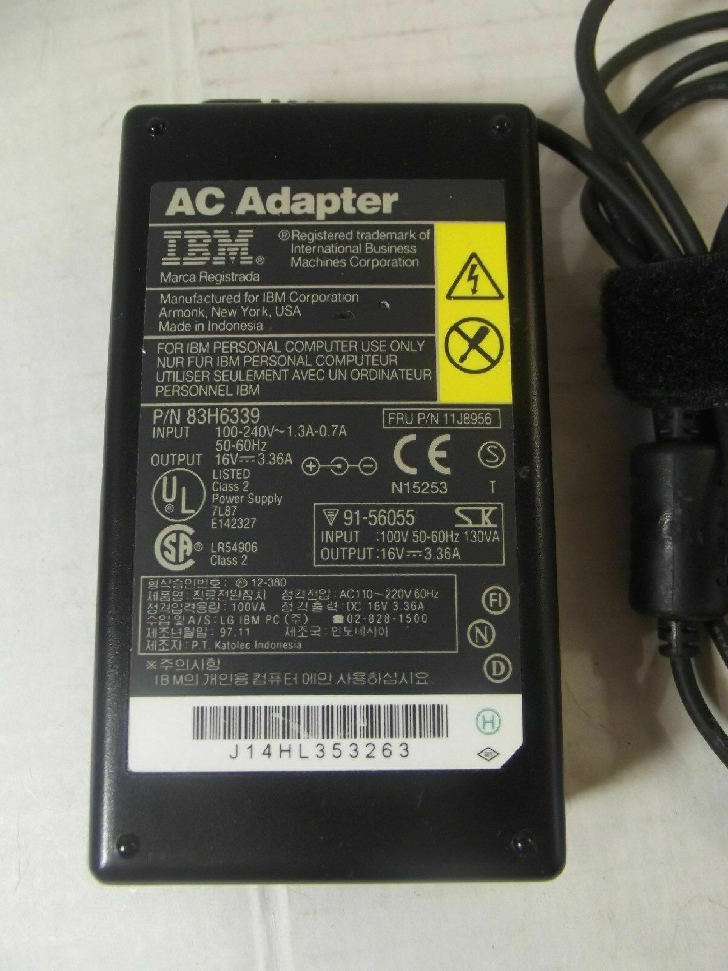 IBM 83H6339 AC ADAPTER 16VDC 3.36A, 6FT CABLE WITH BARREL CONNECTOR, OD:5.5MM, ID:2.45MM, DESKTOP STYLE, NEGATIVE OUTSIDE POLE FOR THINKPAD 380 AND 600 16V DC 3.36A CONNECTOR