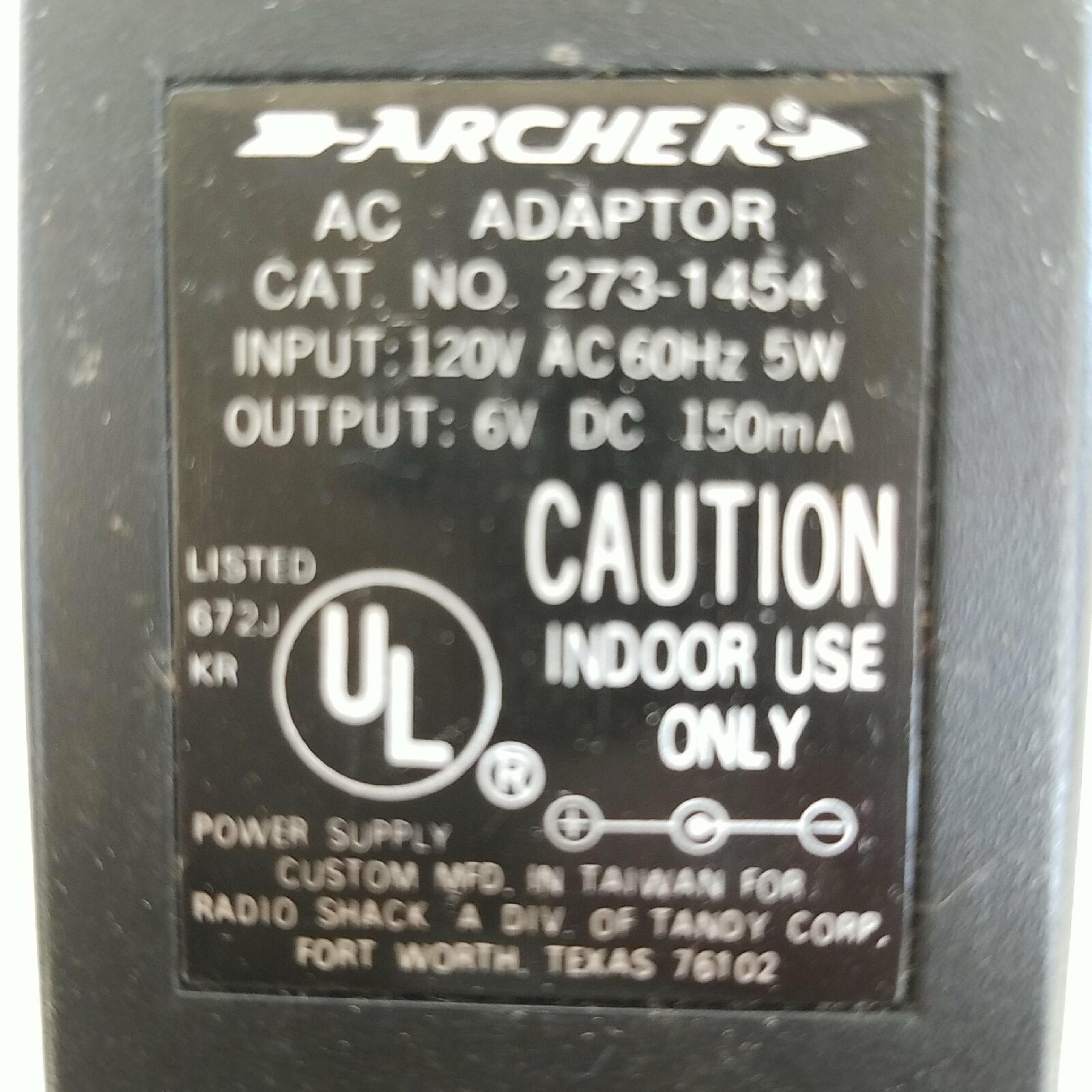 ARCHER 273-1454 AC ADAPTER 6V .15A CUT WIRE DC 150MA