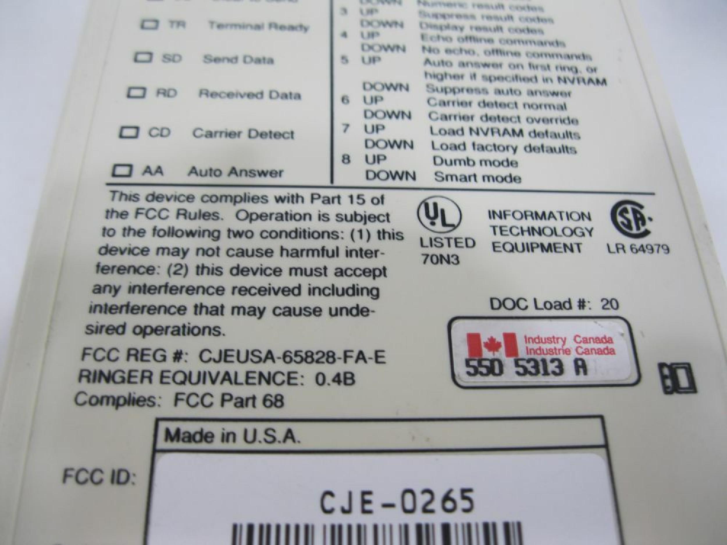 US ROBOTICS / USR CJE-0265 SPORTSTER 14,400 MODEM CCITT V.32 BIS WITH V.42 BIS EXTERNAL MODEM