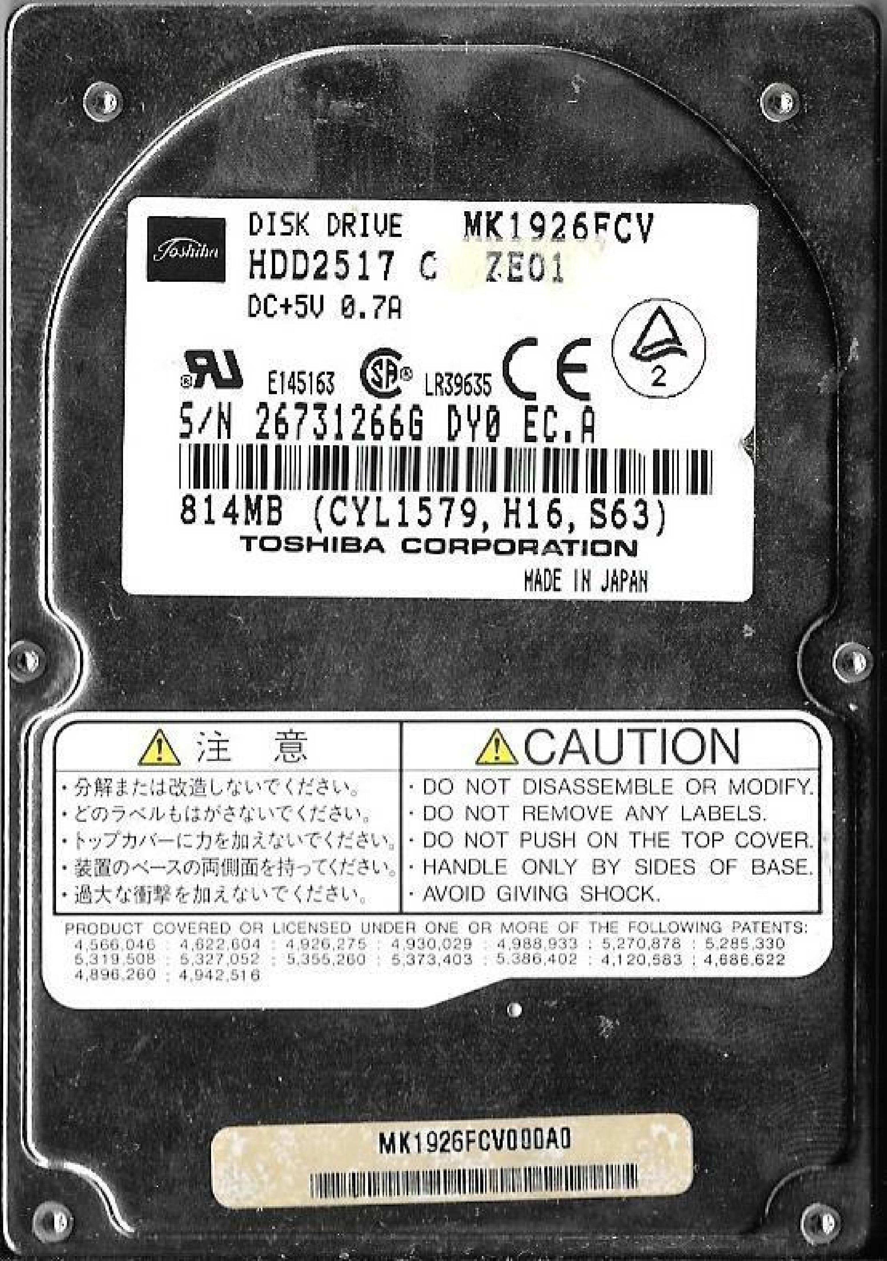 TOSHIBA / IBM HDD2517 LEGACY DRIVE 814MB AT 2.5 INCH HARD 810MB 12MM 2.5INCH