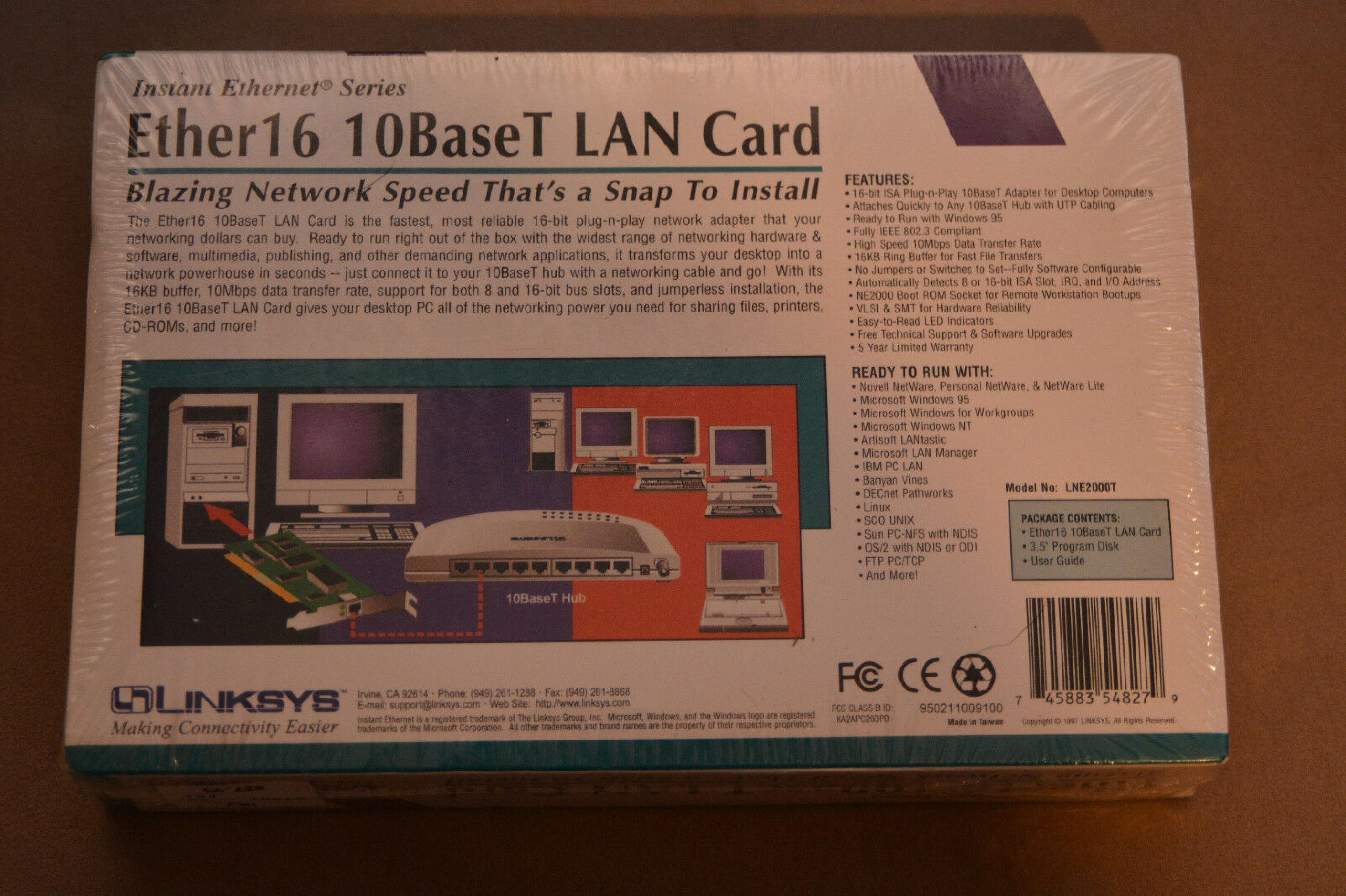 LINKSYS ETHER16 ISA TP AND COAX ETHERNET CARD