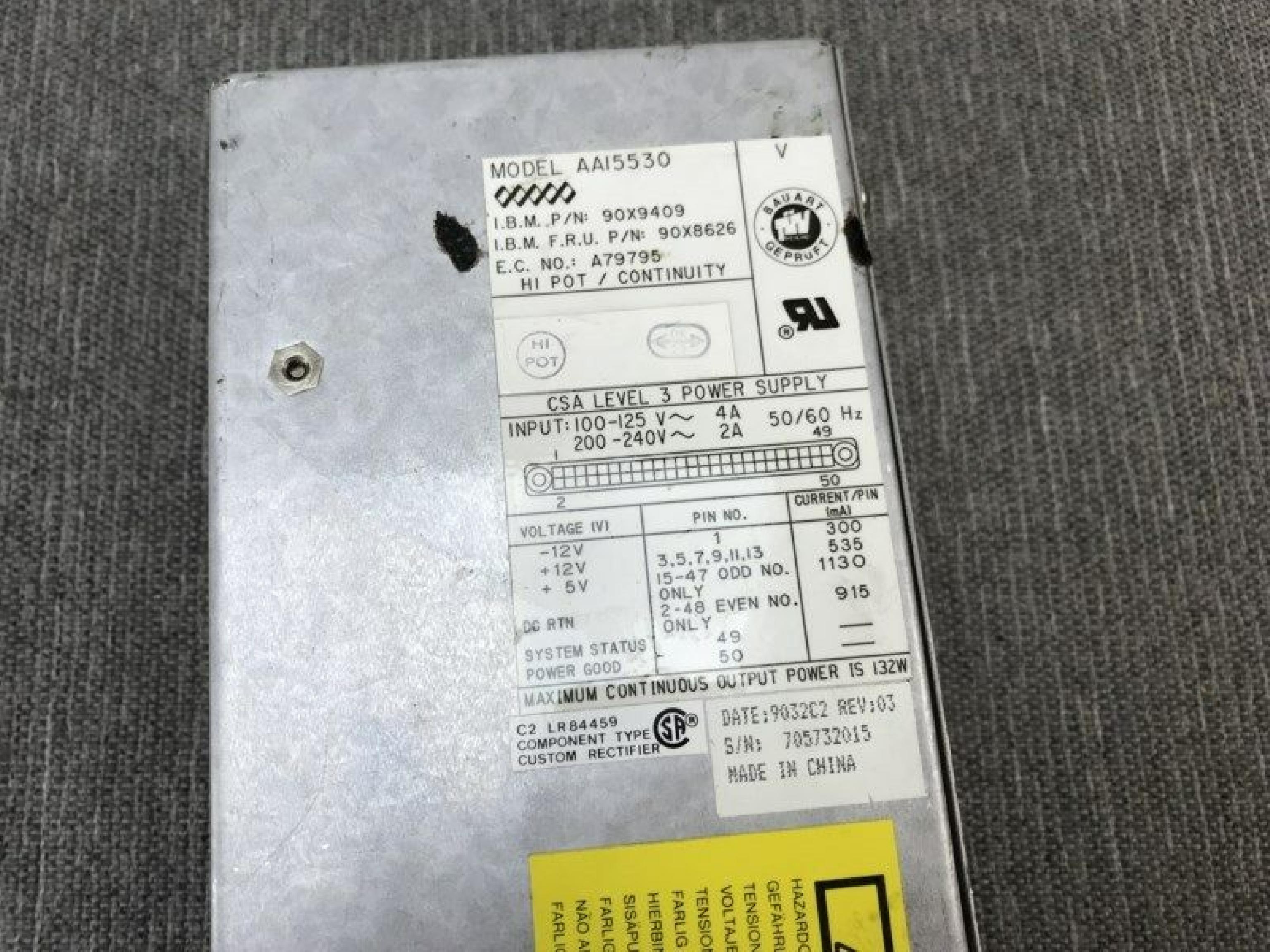 IBM 90X8626 8570 POWER SUPPLY 132 WATT POWERSUPPLY PULLED FROM PS/2 MODEL 70