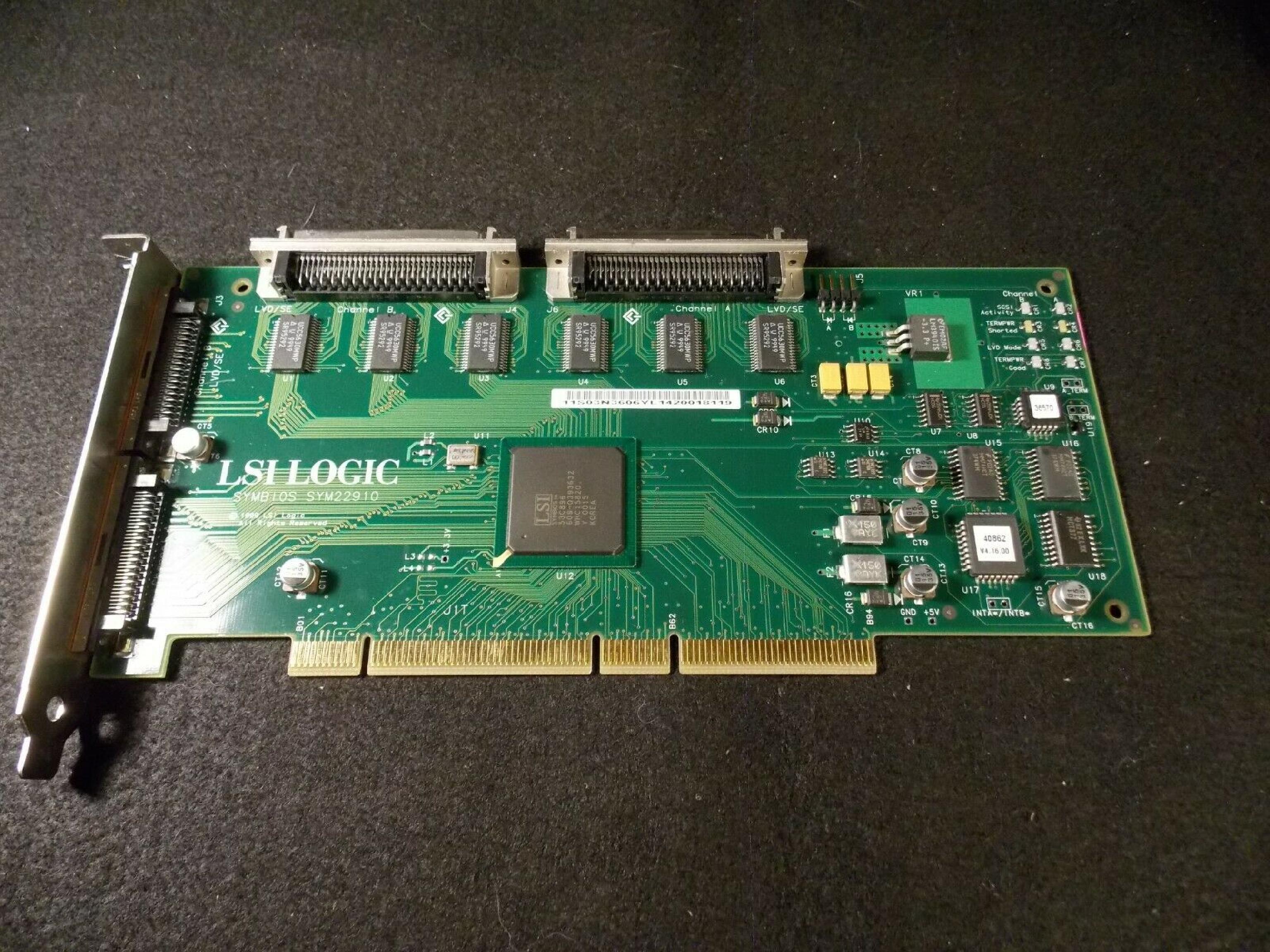 LSI LOGIC / SYMBIOS SYM22910 64BIT PCI DUAL CHANNEL SCSI LVD CARD 64 BIT LVD/SE CONTROLLER U160 PORT