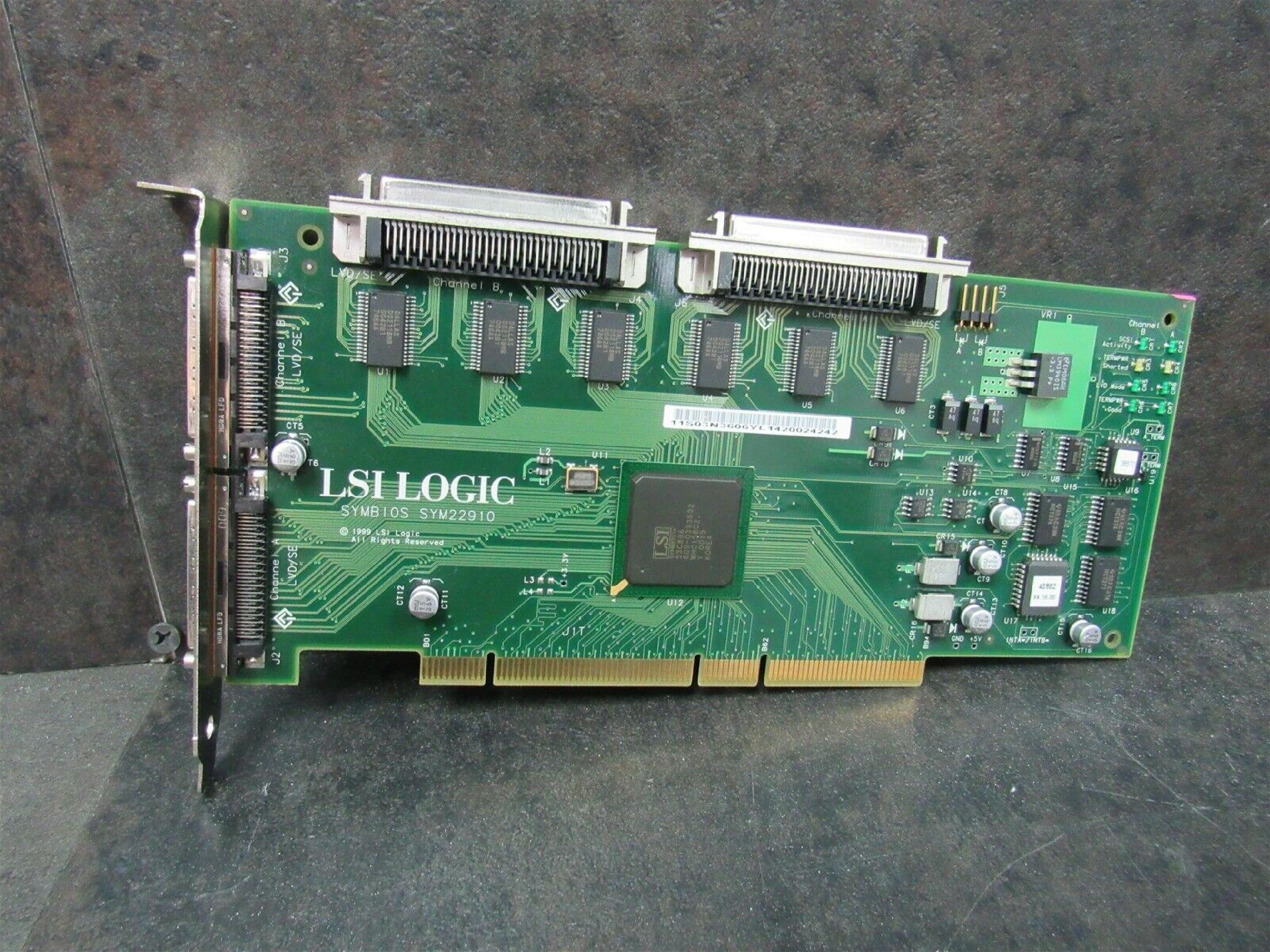 LSI LOGIC / SYMBIOS SYM22910 64BIT PCI DUAL CHANNEL SCSI LVD CARD 64 BIT LVD/SE CONTROLLER U160 PORT