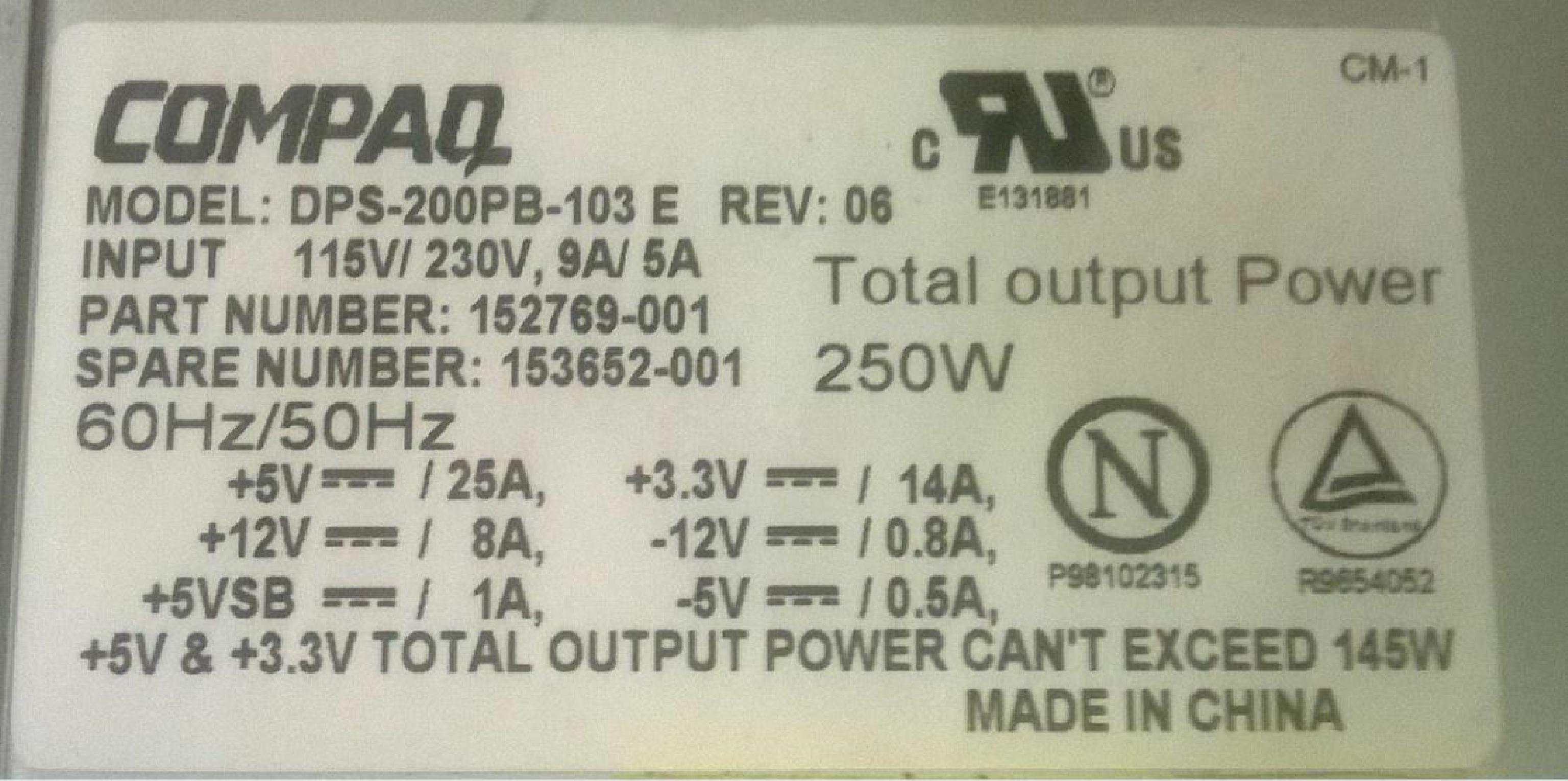 COMPAQ / HEWLETT PACKARD / HP DPS-200PB-103E 250W POWER SUPPLY