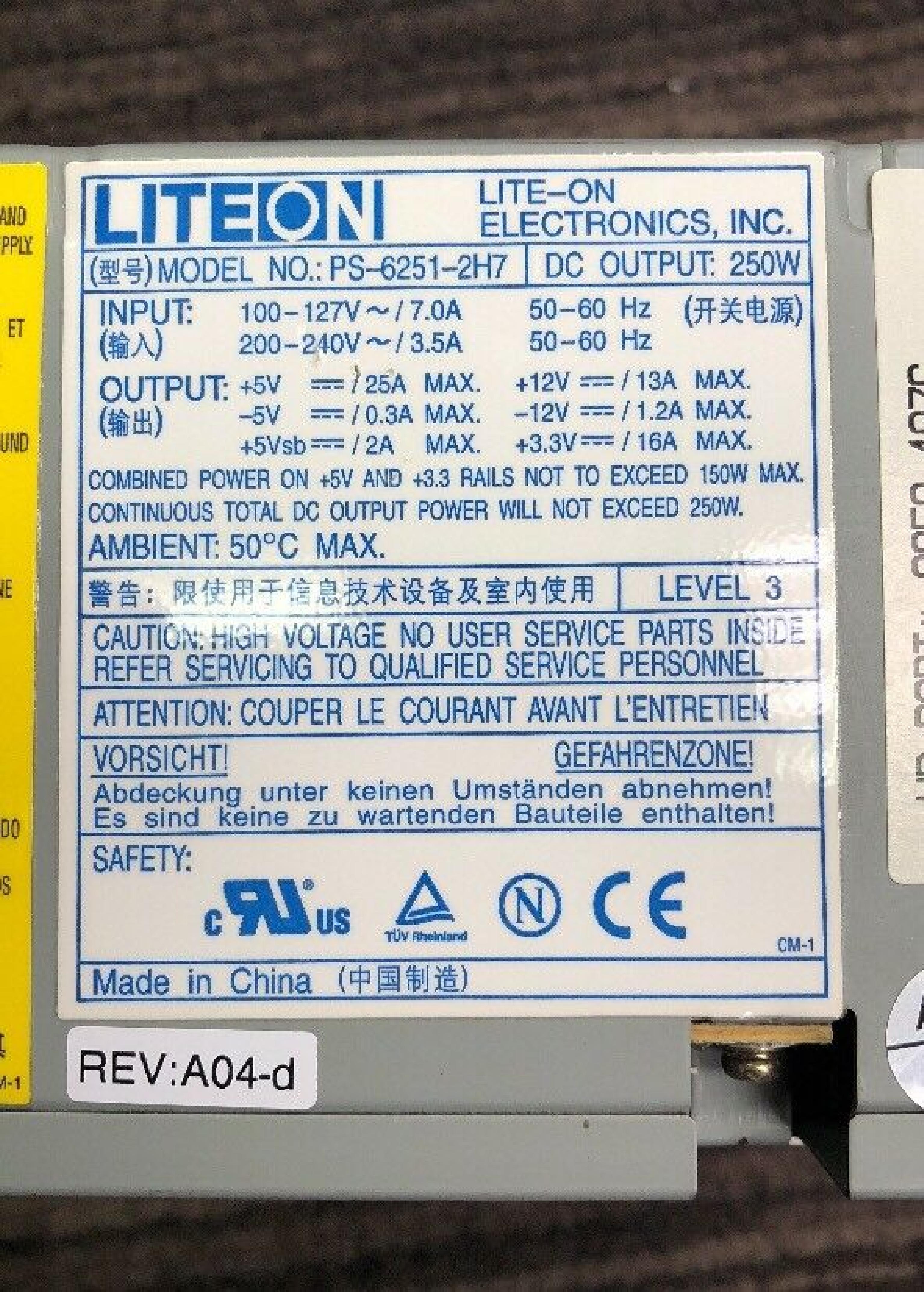 LITEON PS-6251-2H7 250W POWER SUPPLY 250WATT ATX FOR VL800