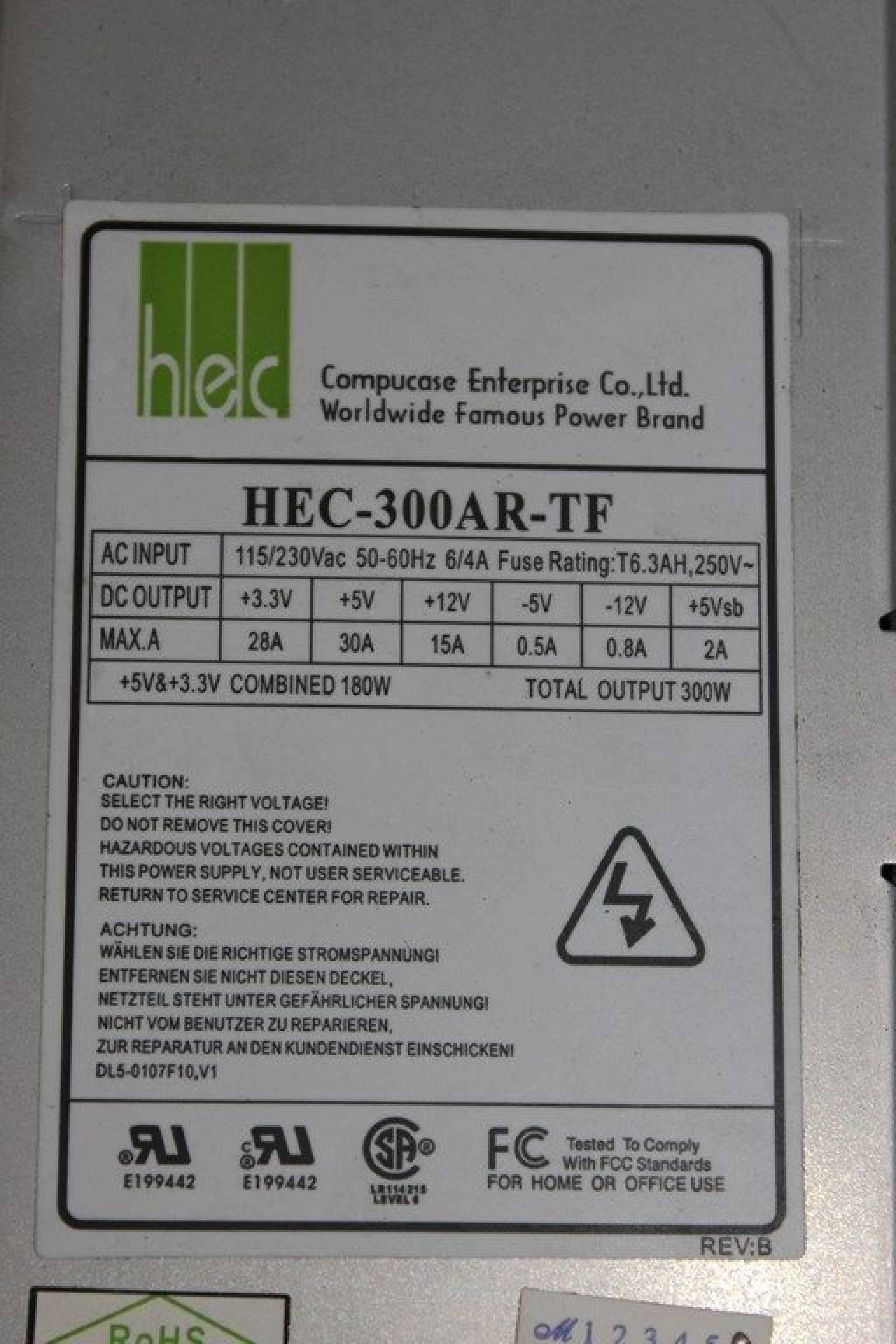 HEC HEC-300AR-T 300W POWER SUPPLY ATX WITH P4