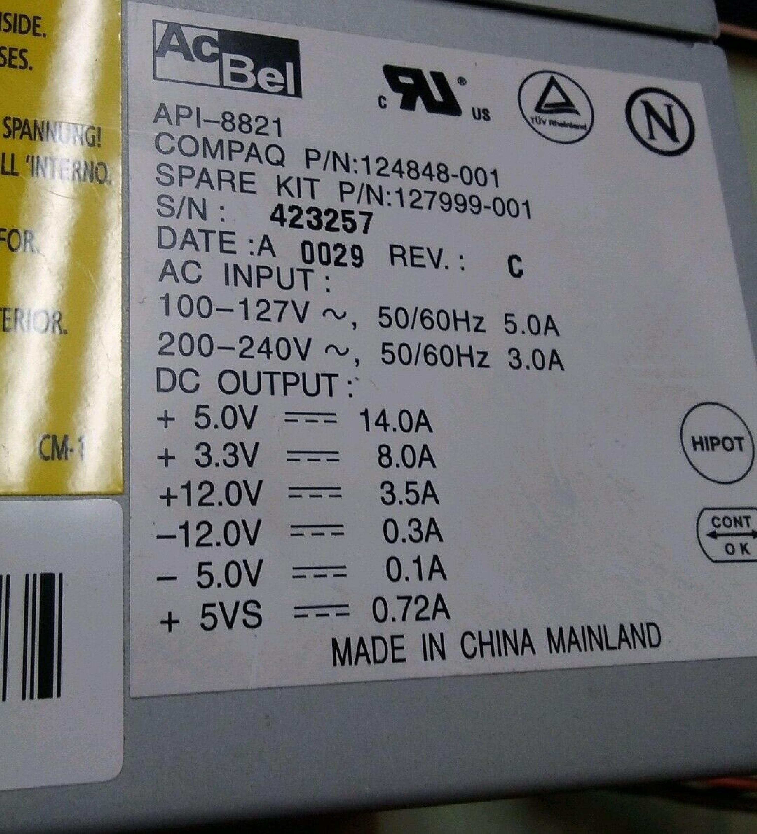 ACBEL API-8821 250W POWER SUPPLY