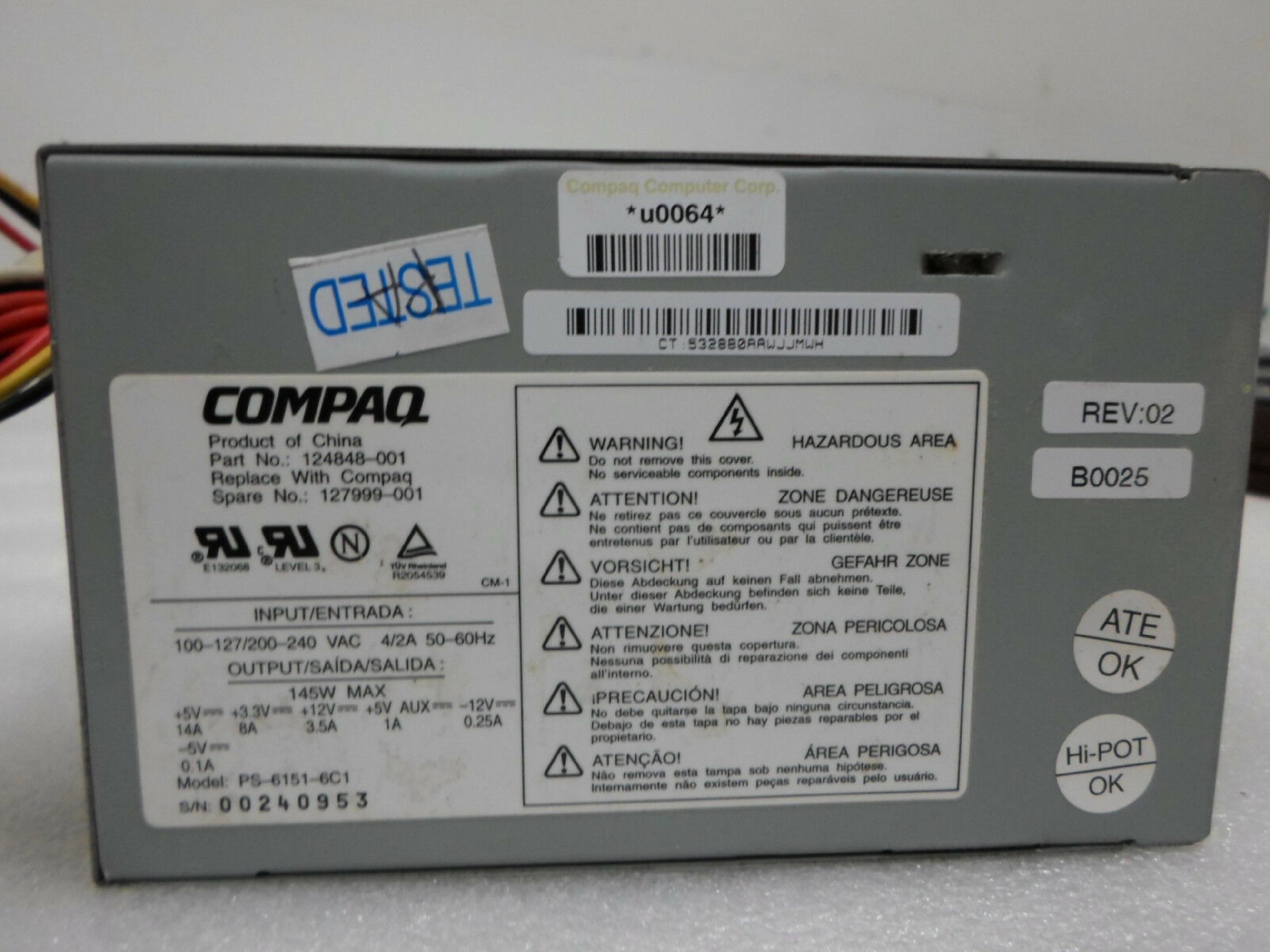 ACBEL / COMPAQ / HEWLETT PACKARD / HP / MITAC 127999-001 250W POWER SUPPLY 145W ATX 145