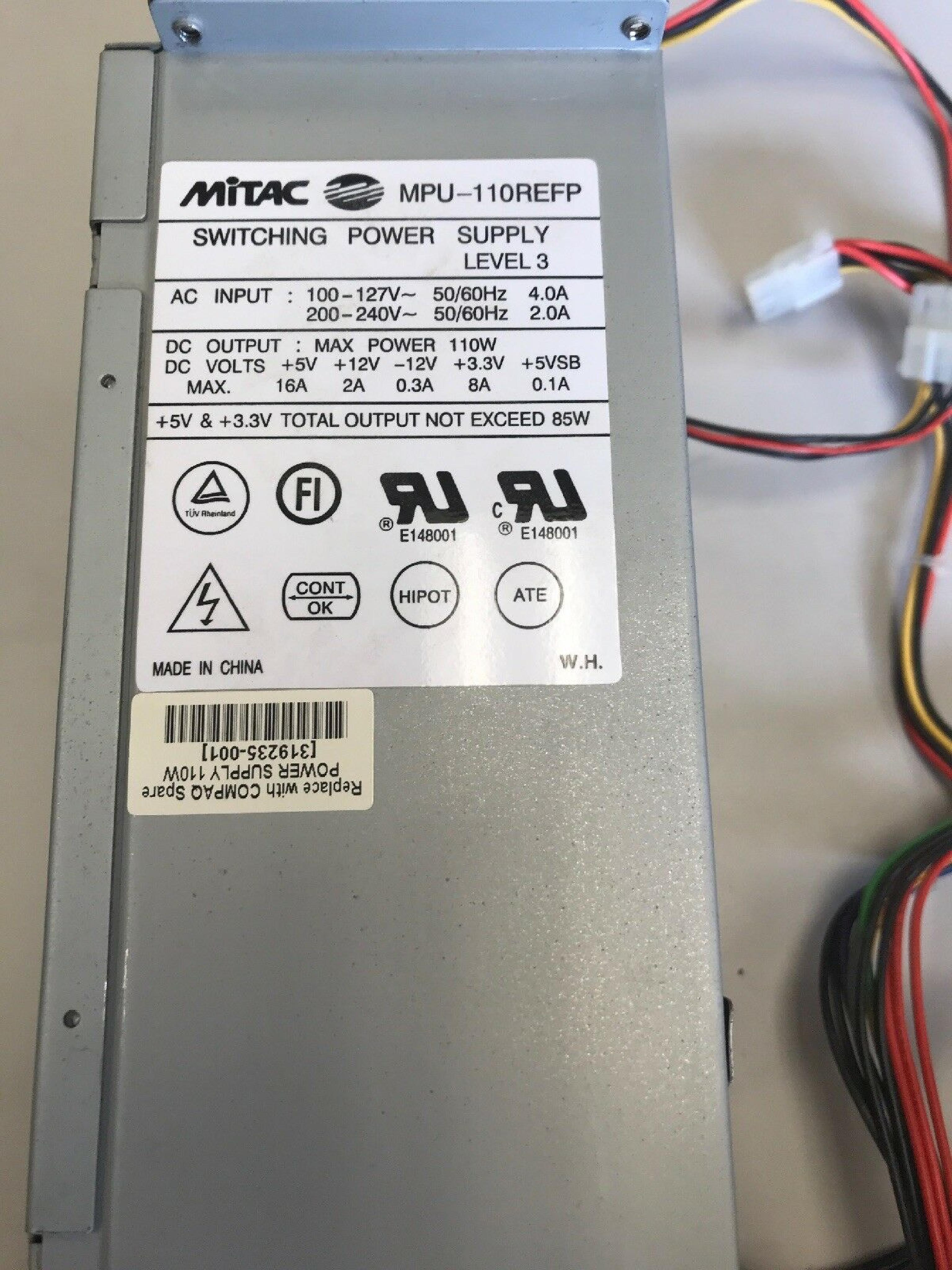 MITAC MPU-110REFP 110W POWER SUPPLY WITH EXTERNAL SWITCH AT 6PIN INLINE P1 P2 P3 3 MOLEX 1 BERG