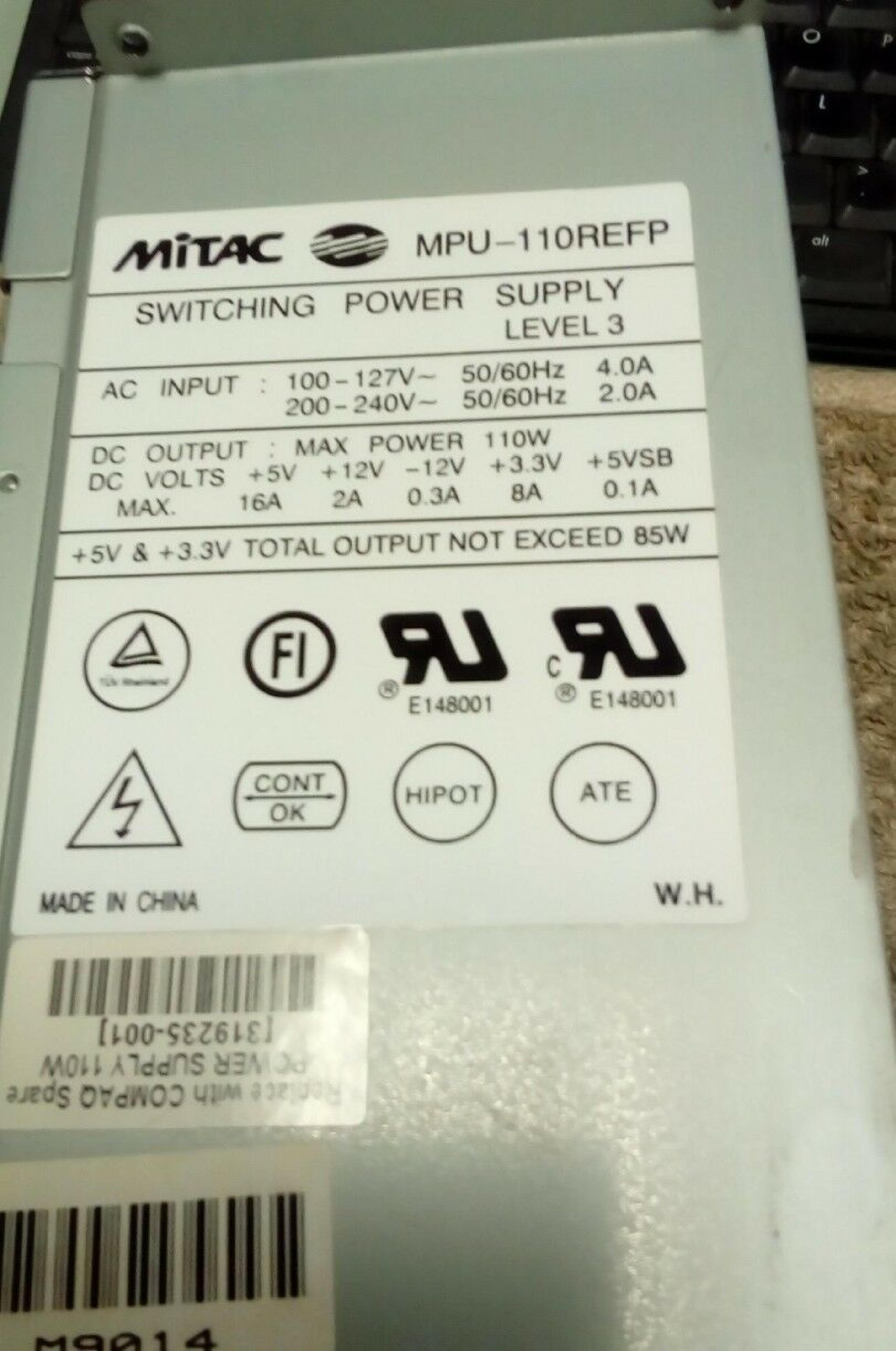 MITAC MPU-110REFP 110W POWER SUPPLY WITH EXTERNAL SWITCH AT 6PIN INLINE P1 P2 P3 3 MOLEX 1 BERG