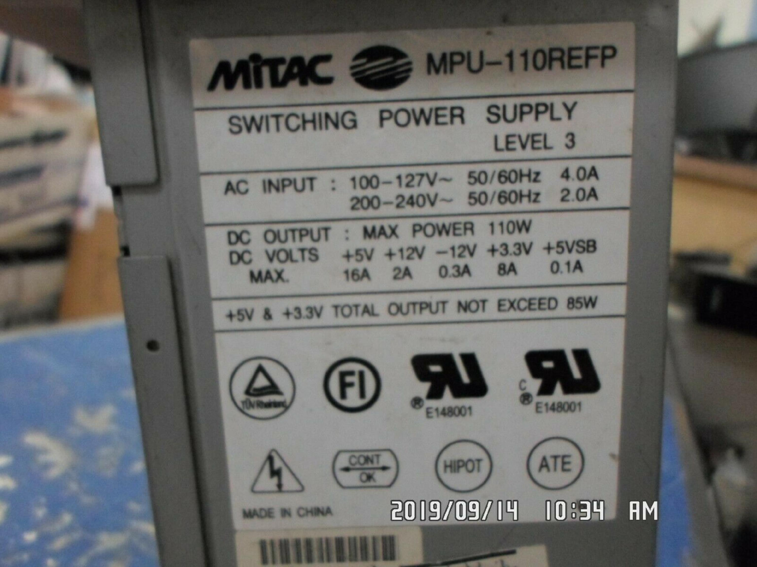 MITAC MPU-110REFP 110W POWER SUPPLY WITH EXTERNAL SWITCH AT 6PIN INLINE P1 P2 P3 3 MOLEX 1 BERG